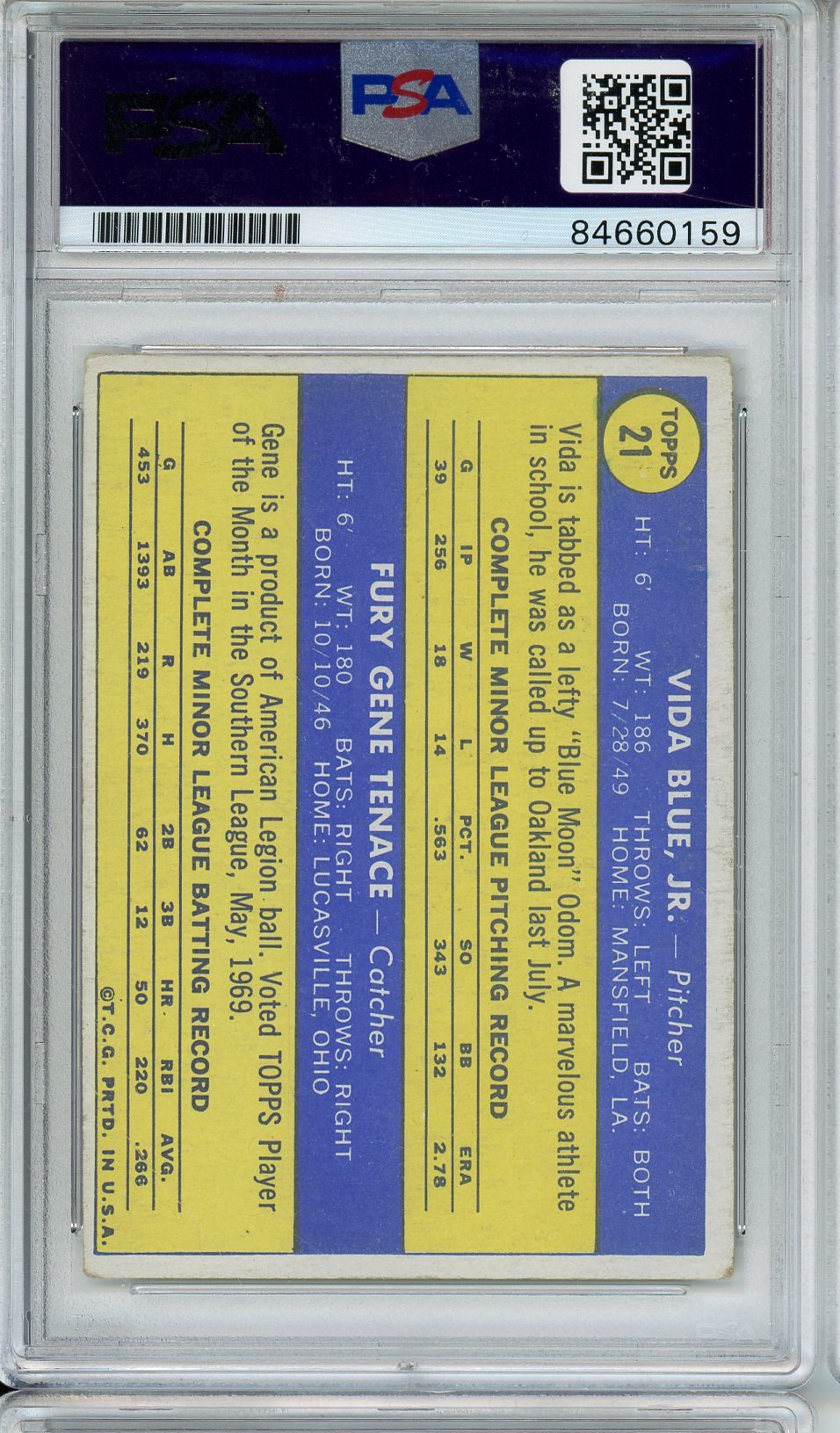 1970 TOPPS VIDA BLUE ROOKIE Auto - PSA/DNA Authentic