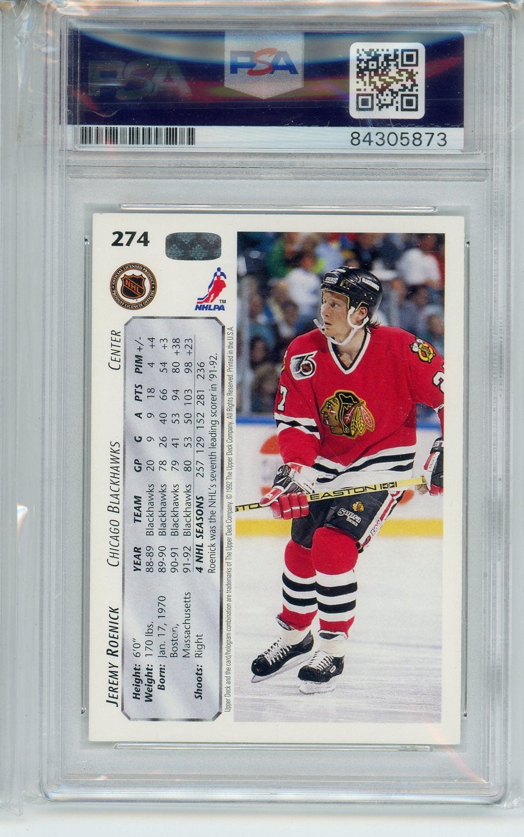 1992 UPPER DECK JEREMY ROENICK AUTO PSA DNA #274