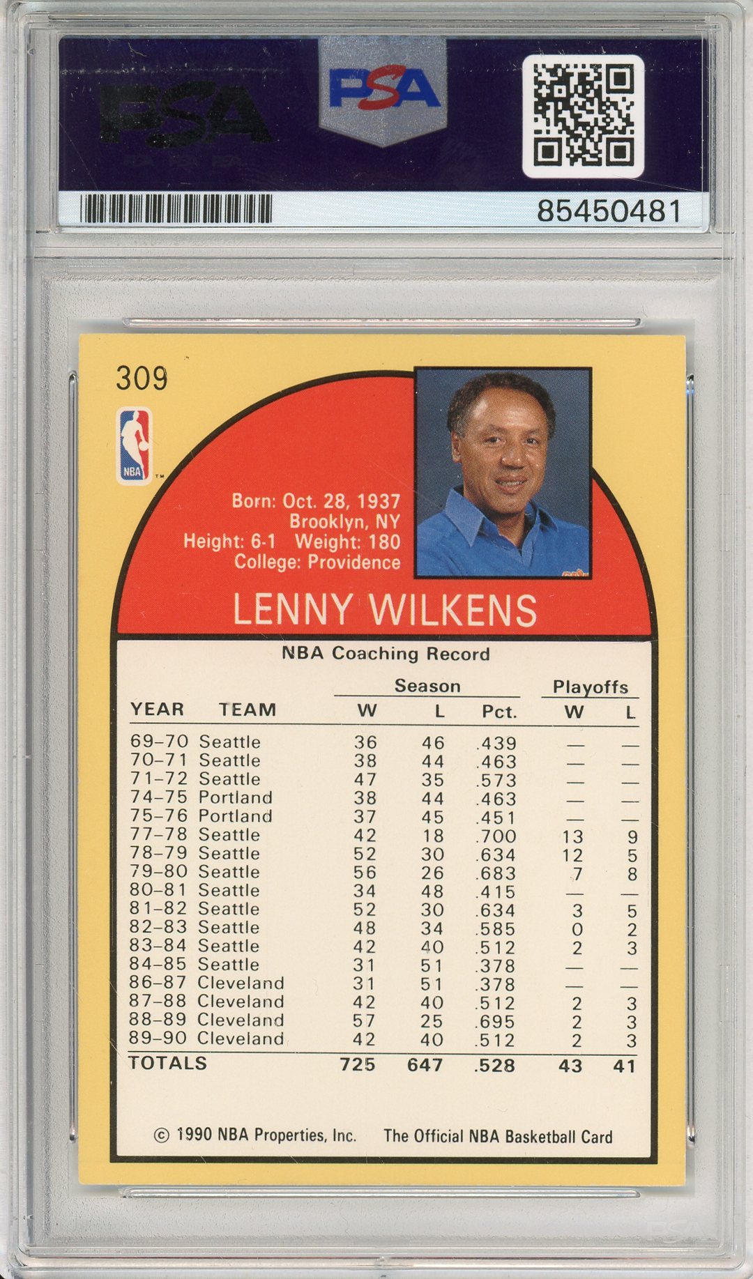 1990 NBA HOOPS LENNY WILKENS #309 COACH HOF AUTO PSA/DNA AUTHENTIC AUTO