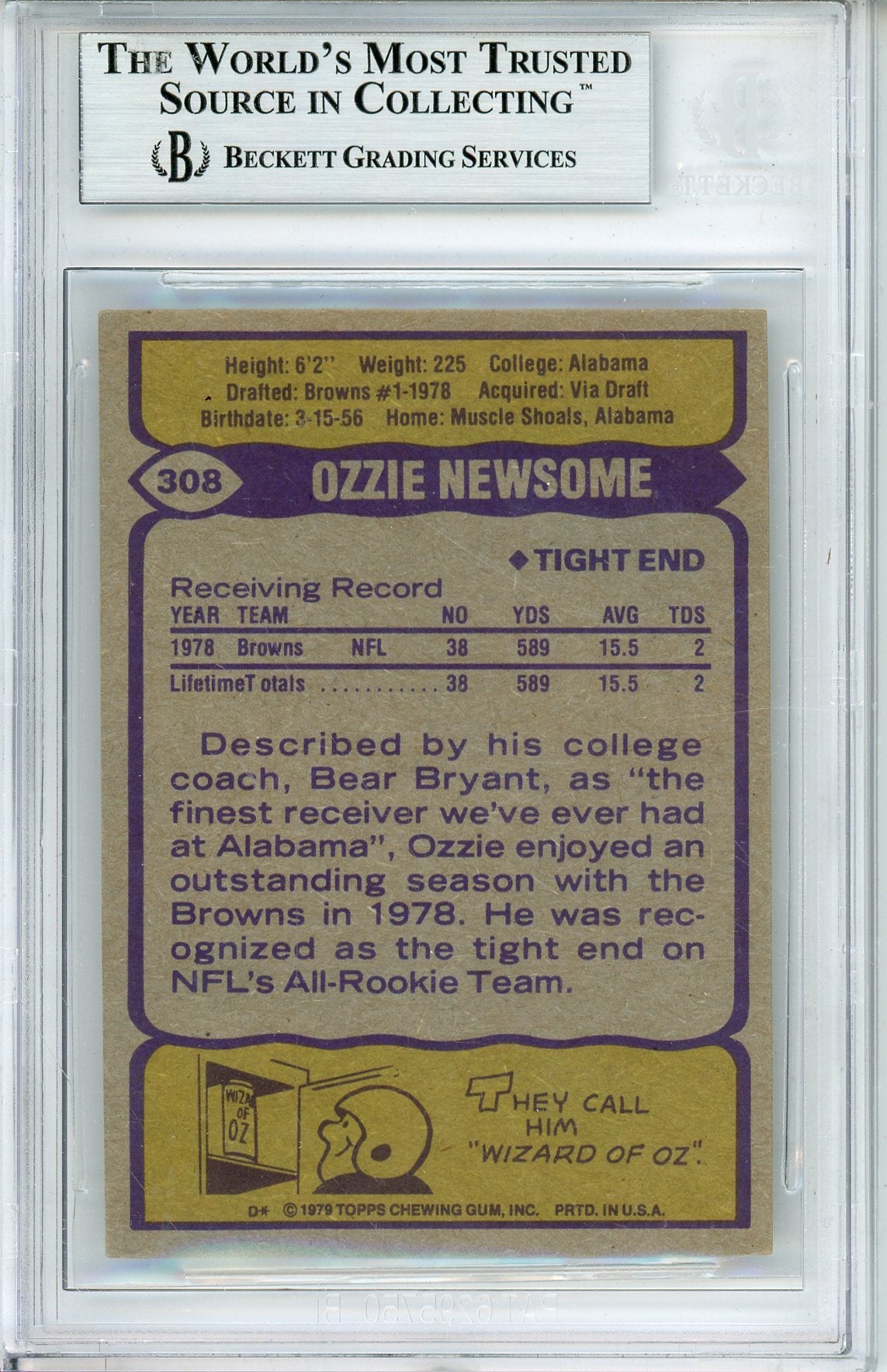 1979 TOPPS OZZIE NEWSOME #308 ROOKIE HOF AUTOGRAPH BECKETT
