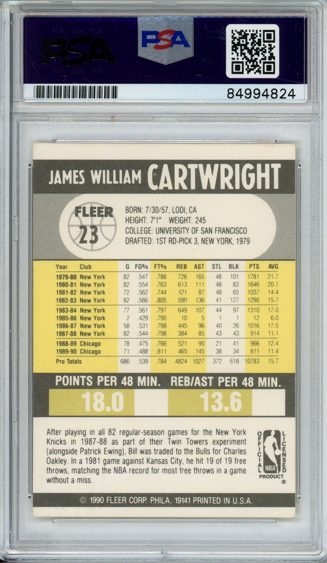 1990 FLEER BILL CARTWRIGHT #23 PSA/DNA AUTO (4824)