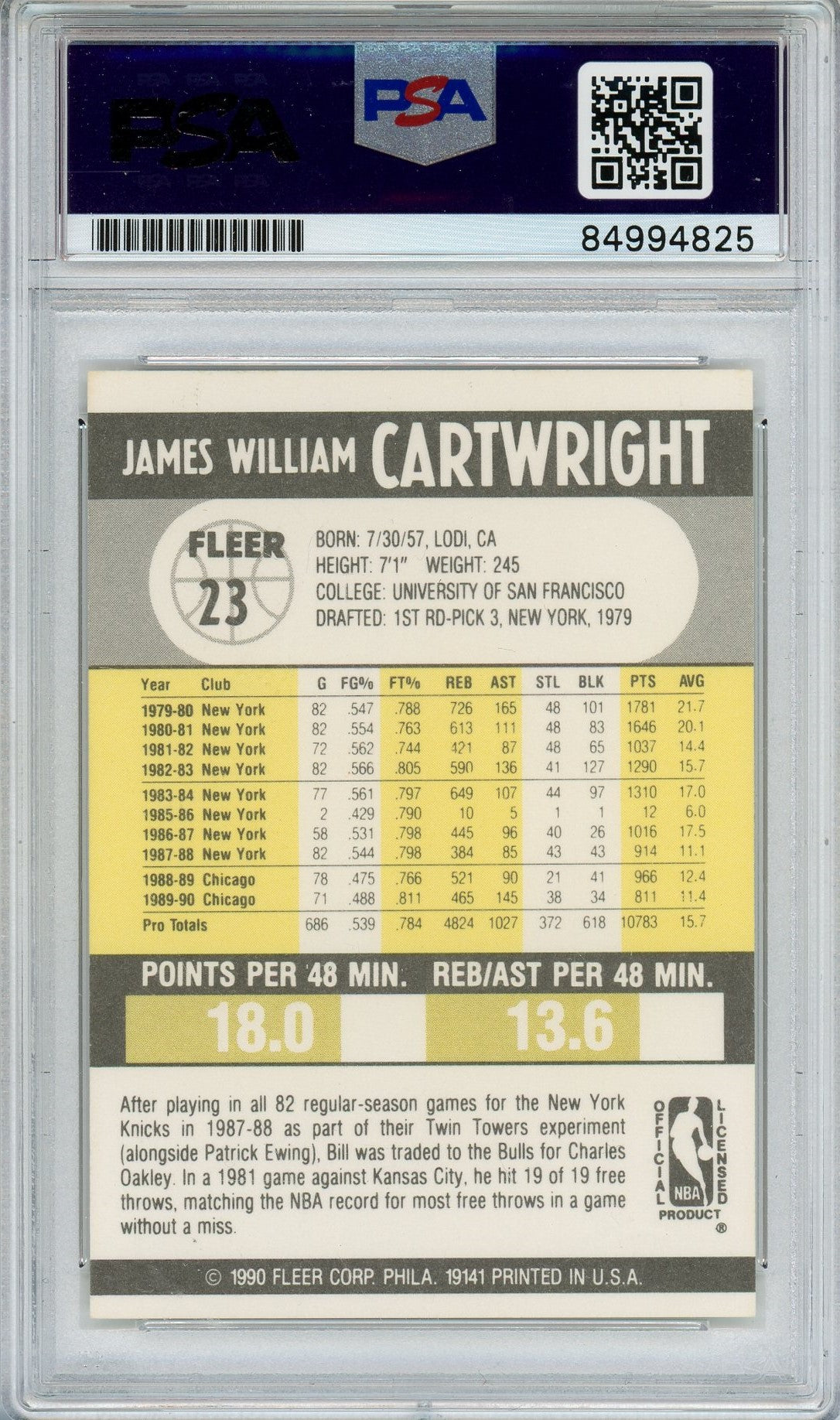 1990 FLEER BILL CARTWRIGHT #23 PSA/DNA AUTO (4825)