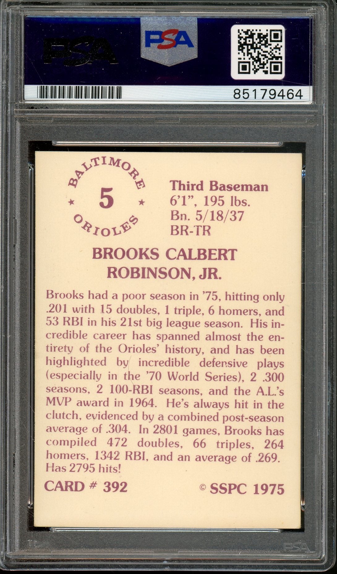 SSOC 1975 BROOKS ROBINSON #392 ORIOLES HOF PSA/DNA AUTHENTIC AUTO