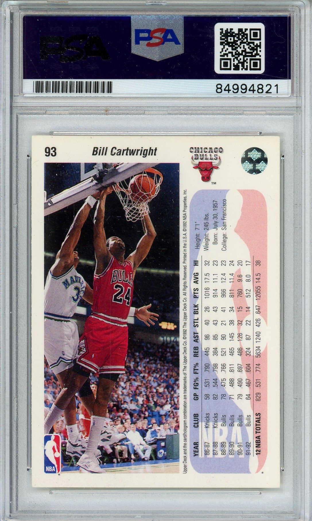 1992 UPPER DECK BILL CARTWRIGHT #93 PSA/DNA AUTO (4821)
