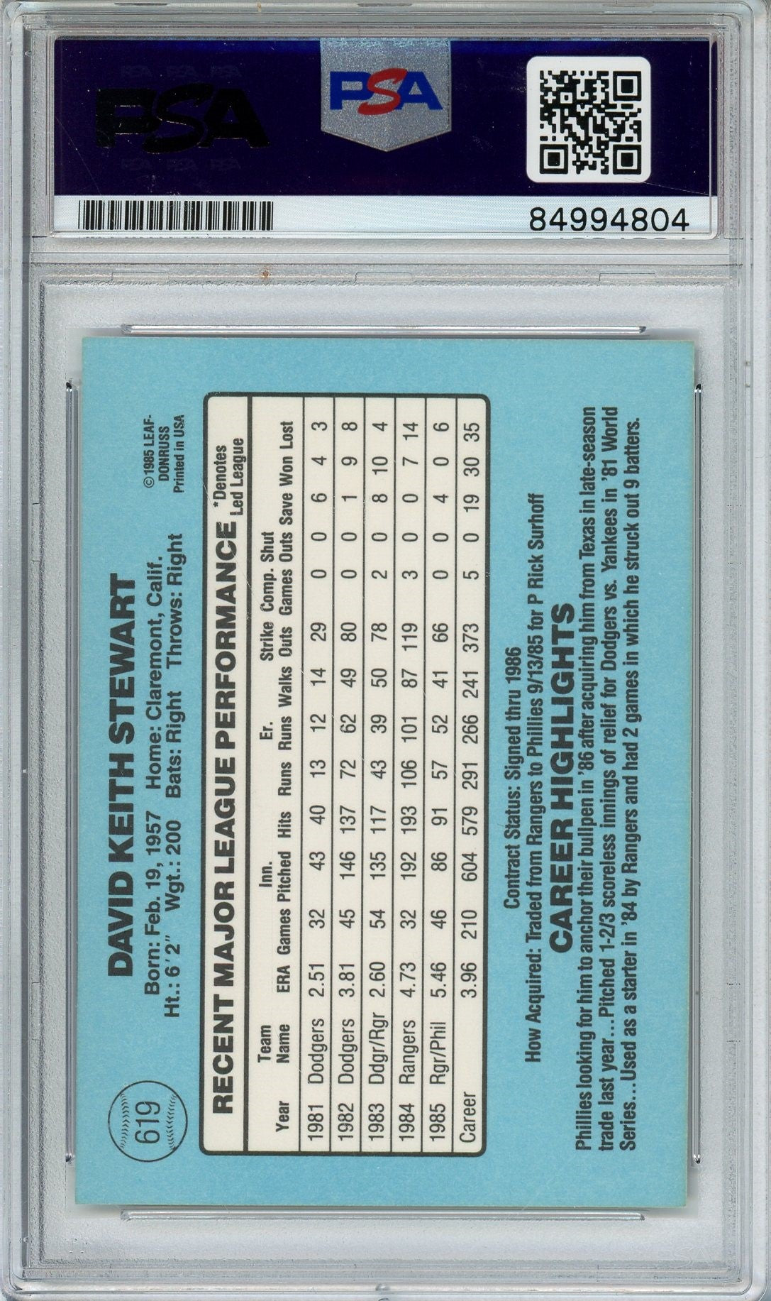 1986 DONRUSS DAVE STEWART #619 PSA/DNA AUTO (4804)