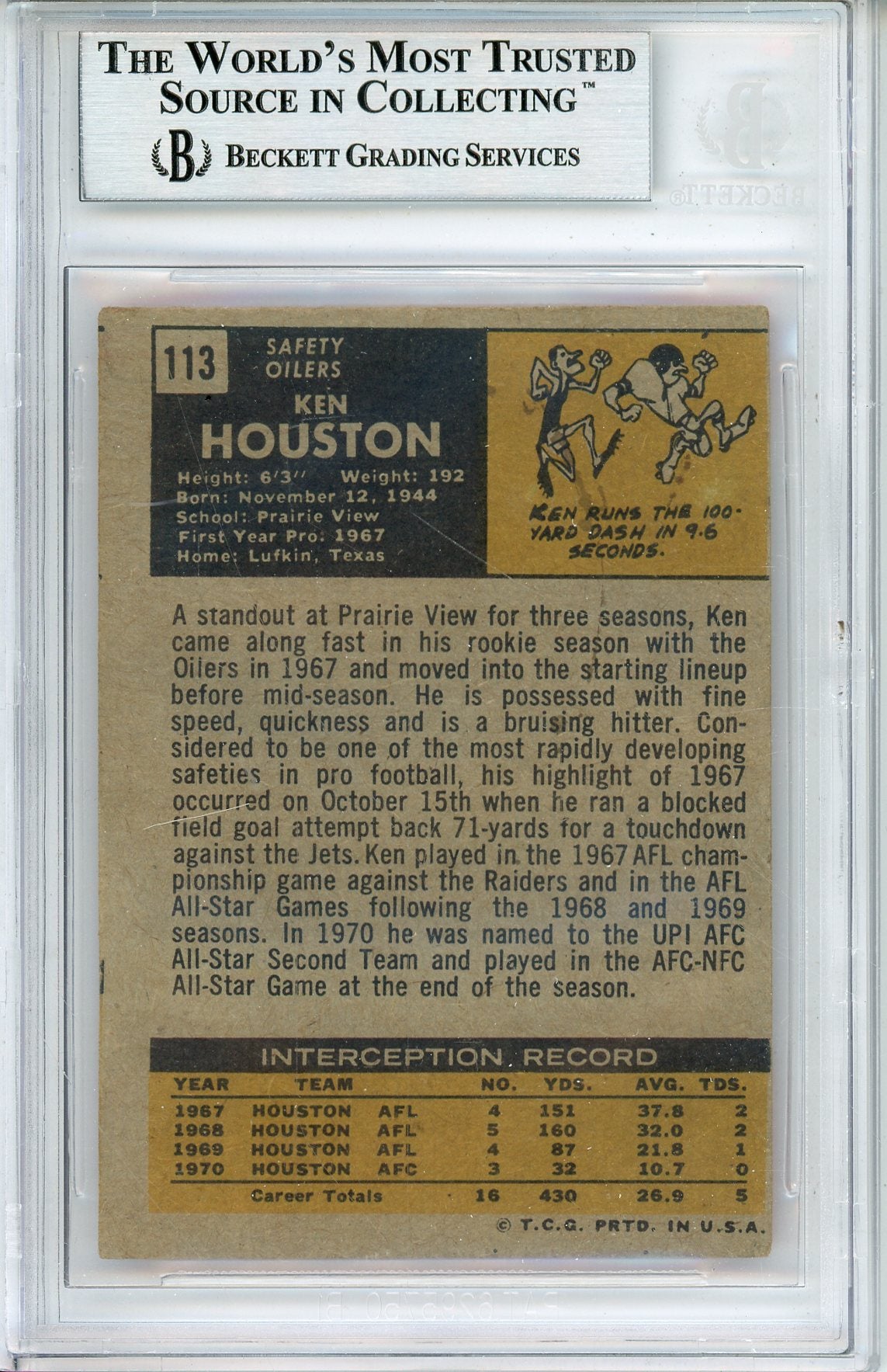 1971 TOPPS KEN HOUSTON #113 HOF AUTOGRAPH BECKETT