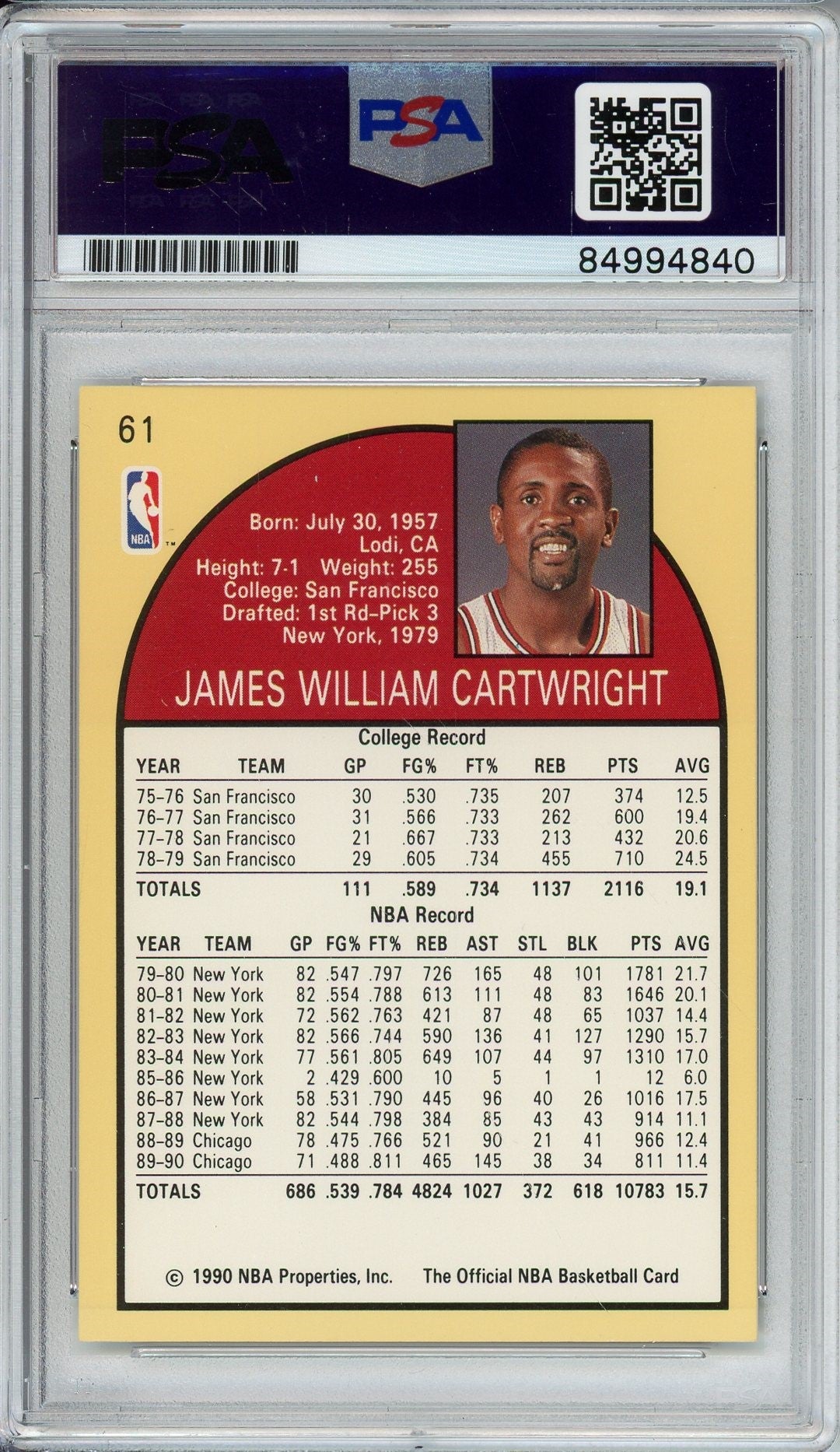 1990 NBA HOOPS BILL CARTWRIGHT #61 PSA/DNA AUTO (4840)