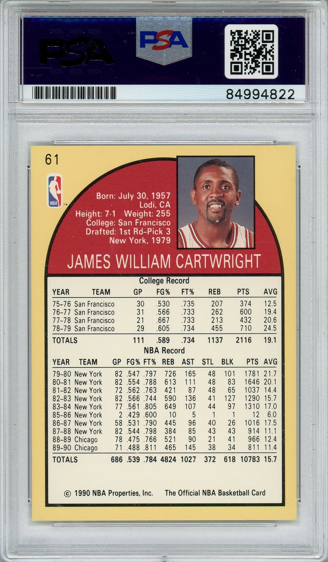 1990 NBA HOOPS BILL CARTWRIGHT #61 PSA/DNA AUTO (4822)