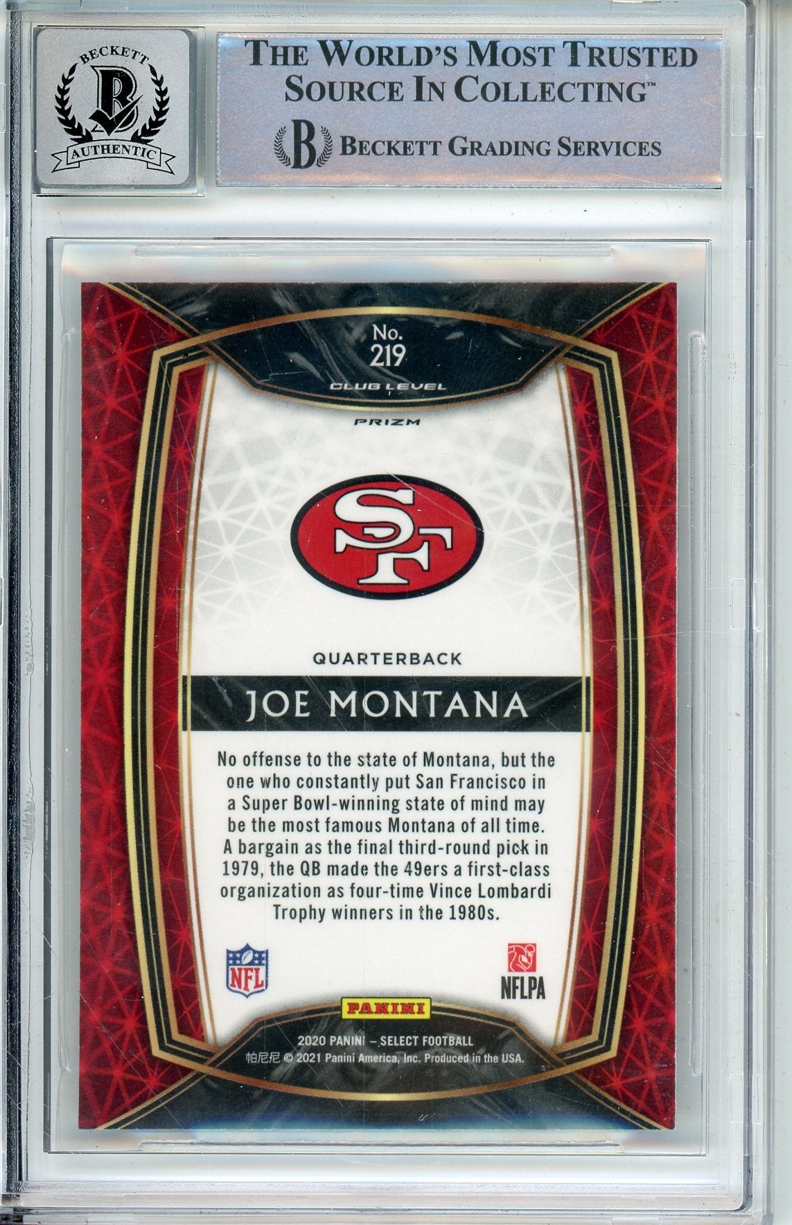 2020 PANINI SELECT JOE MONTANA #219 HOF BECKETT AUTO GRADE 10