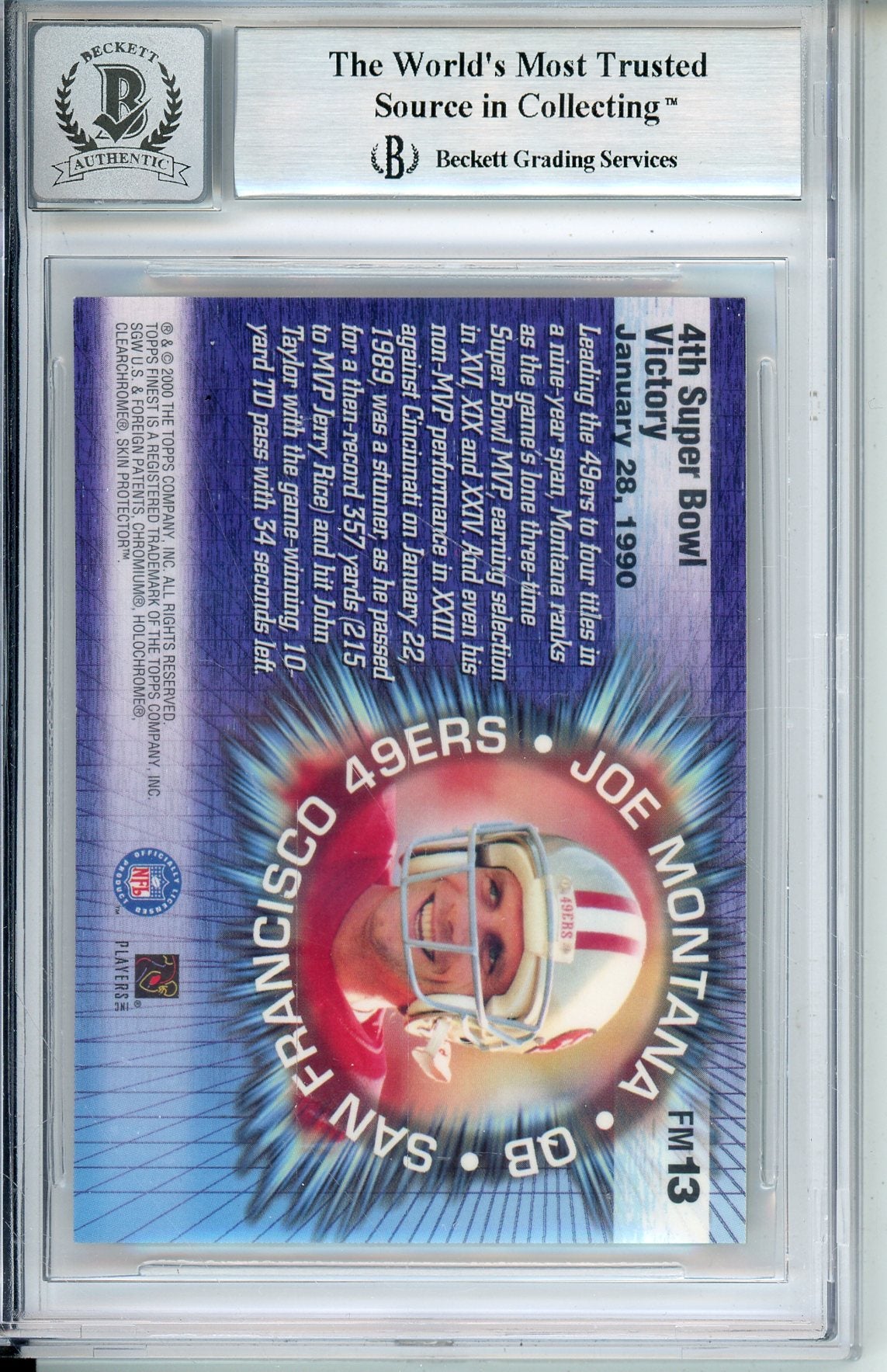 2000 TOPPS FINEST JOE MONTANA #FM13 HOF BECKETT AUTO GRADE 10