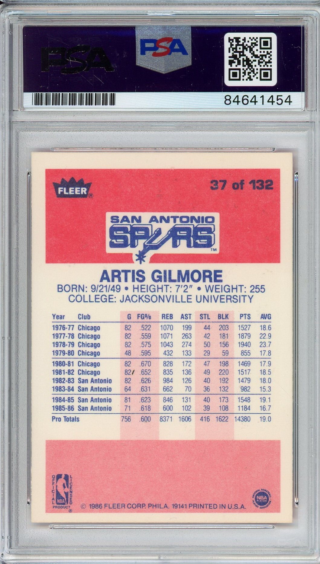 1986 FLEER ARTIS GILMORE #37 PSA/DNA AUTO GRADE 10 (1454)