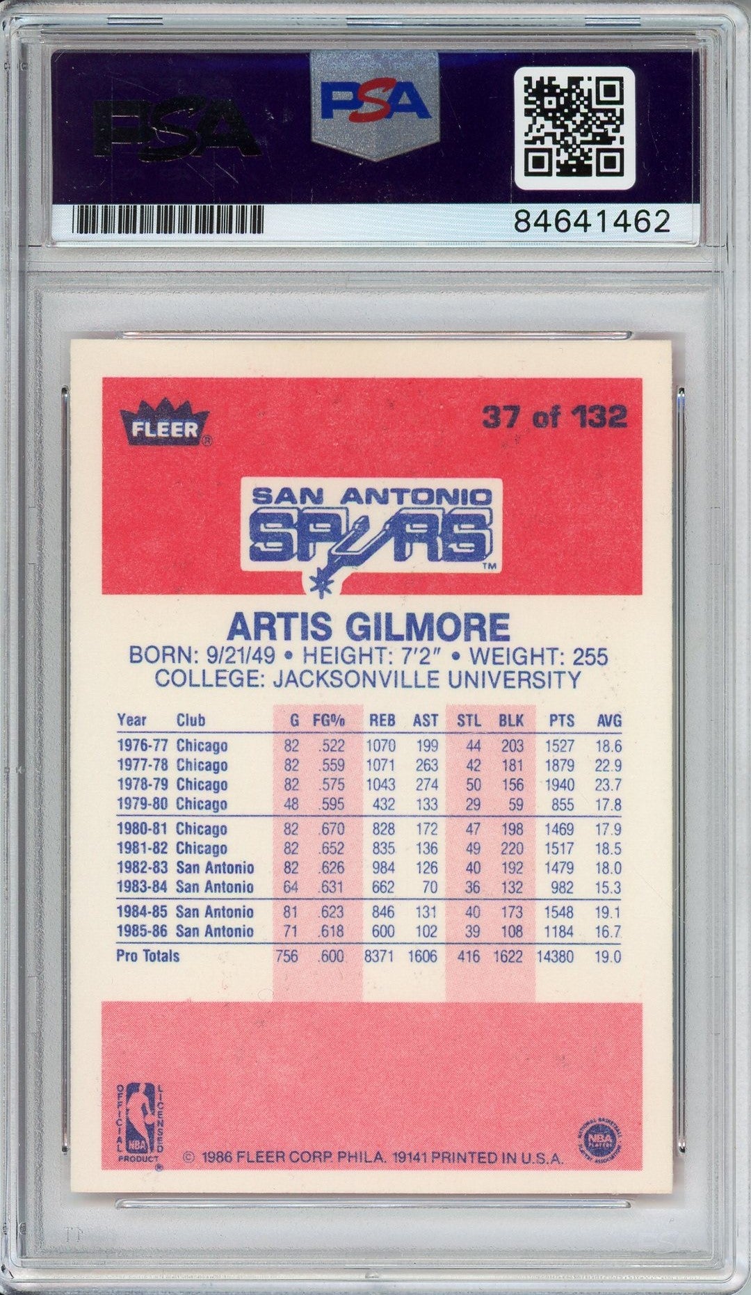 1986 FLEER ARTIS GILMORE #37 PSA/DNA AUTO GRADE 10 (1462)