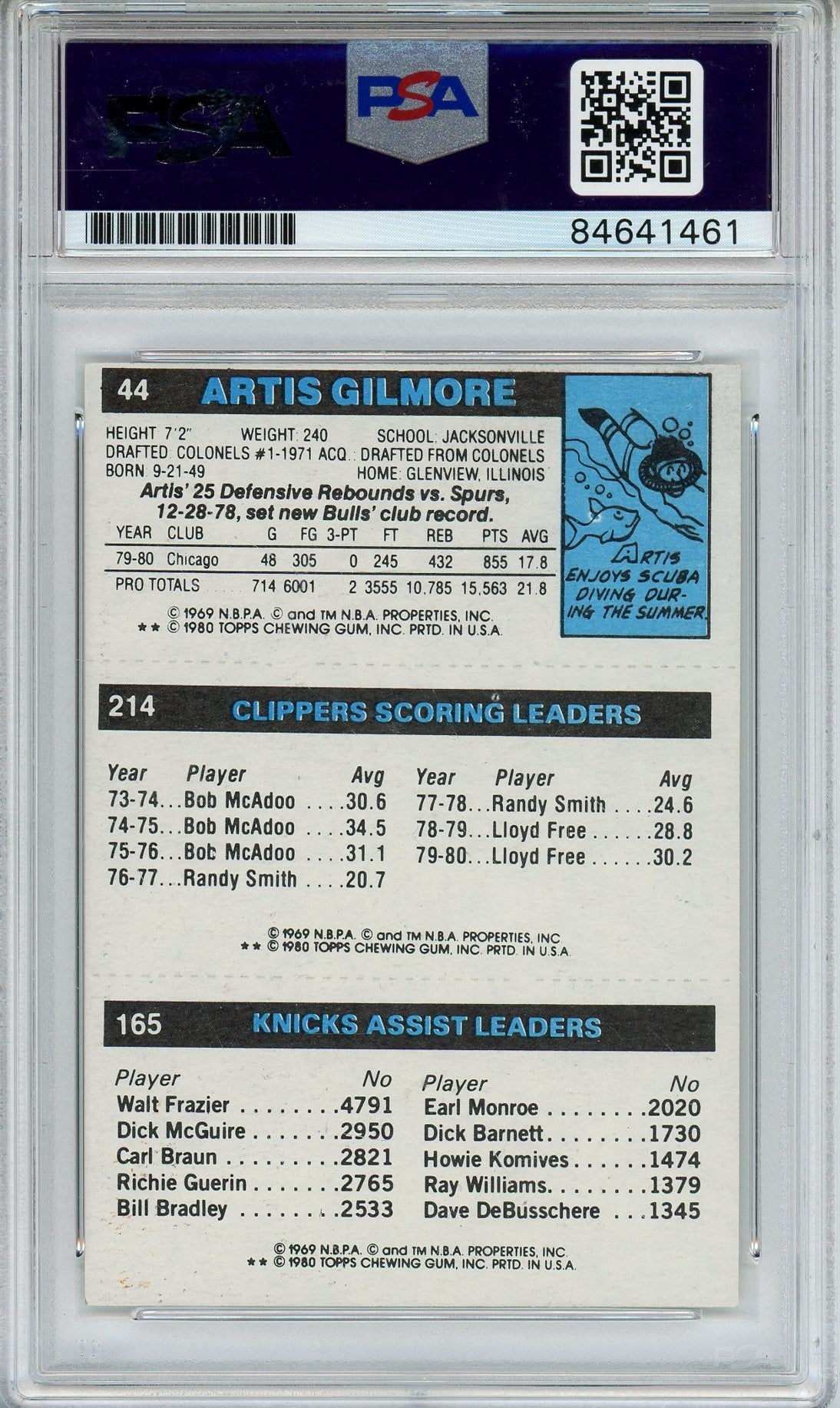 1980 TOPPS ARTIS GILMORE #214 PSA/DNA AUTO GRADE 10 (1461)