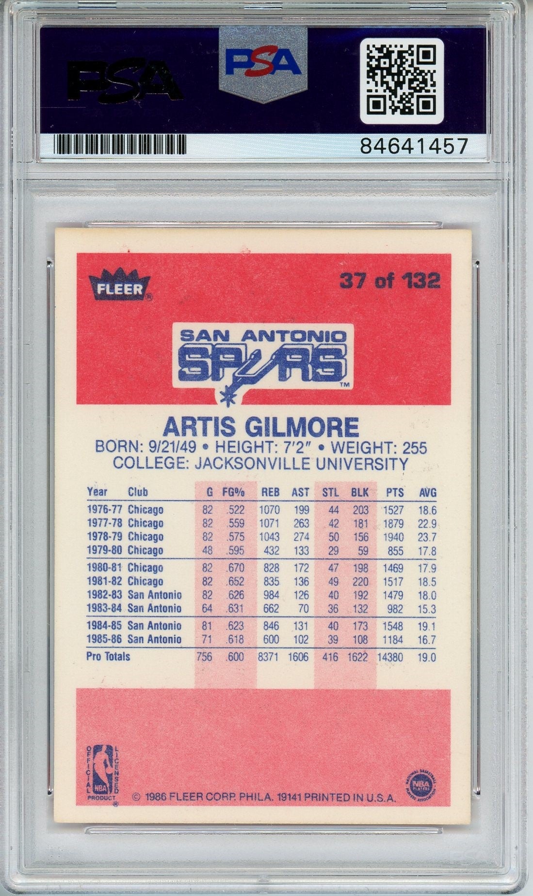 1986 FLEER ARTIS GILMORE #37 PSA/DNA AUTO GRADE 10 (1457)