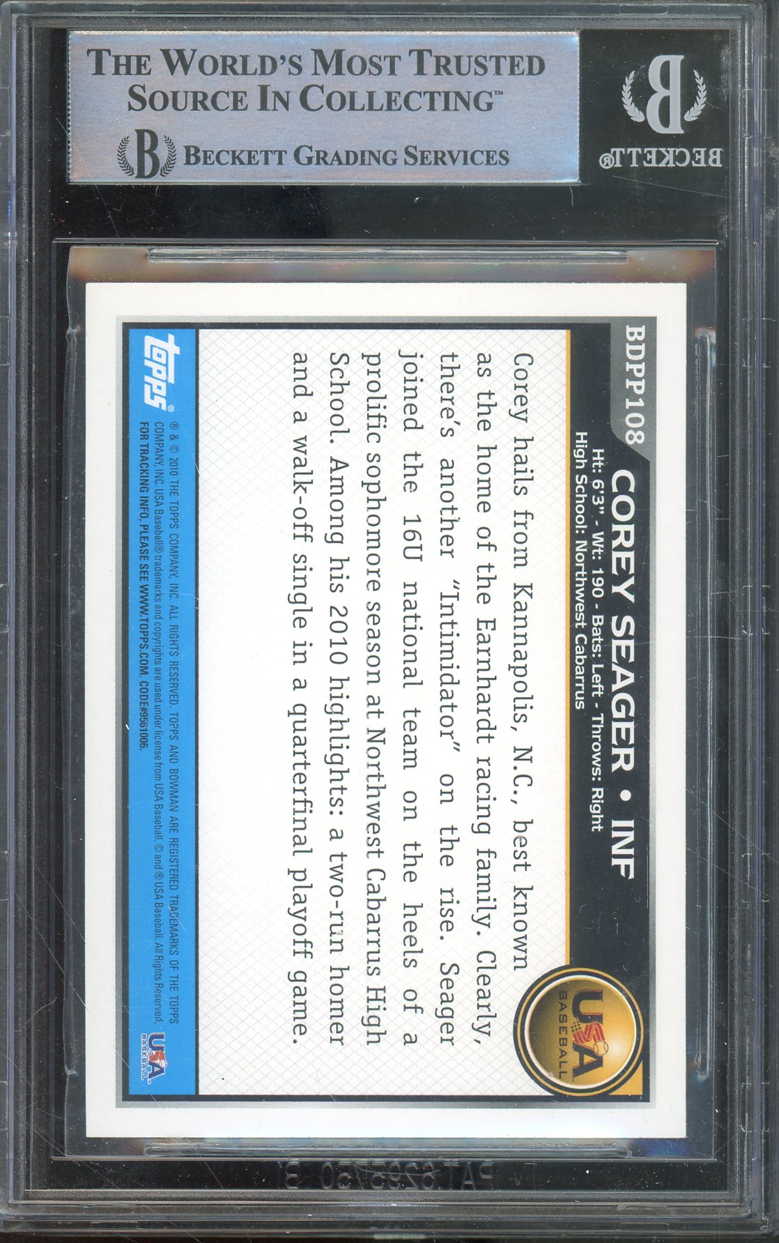 2010 BOWMAN DRAFT PROSPECTS COREY SEAGER #BDPP108 ROOKIE CARD AUTO BGS AUTHENTIC