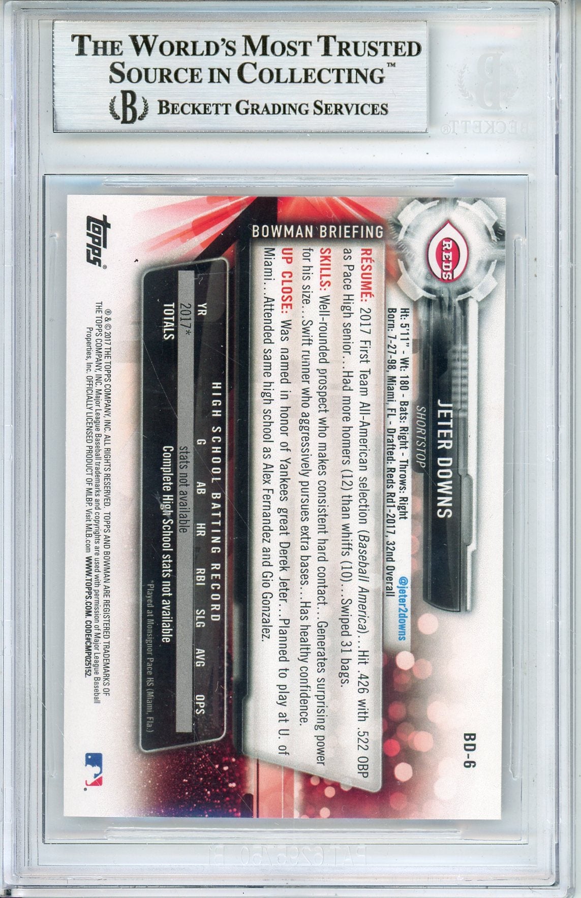 2017 BOWMAN DRAFT JETER DOWNS #BD6 1ST BOWMAN ROOKIE AUTOGRAPH BECKETT