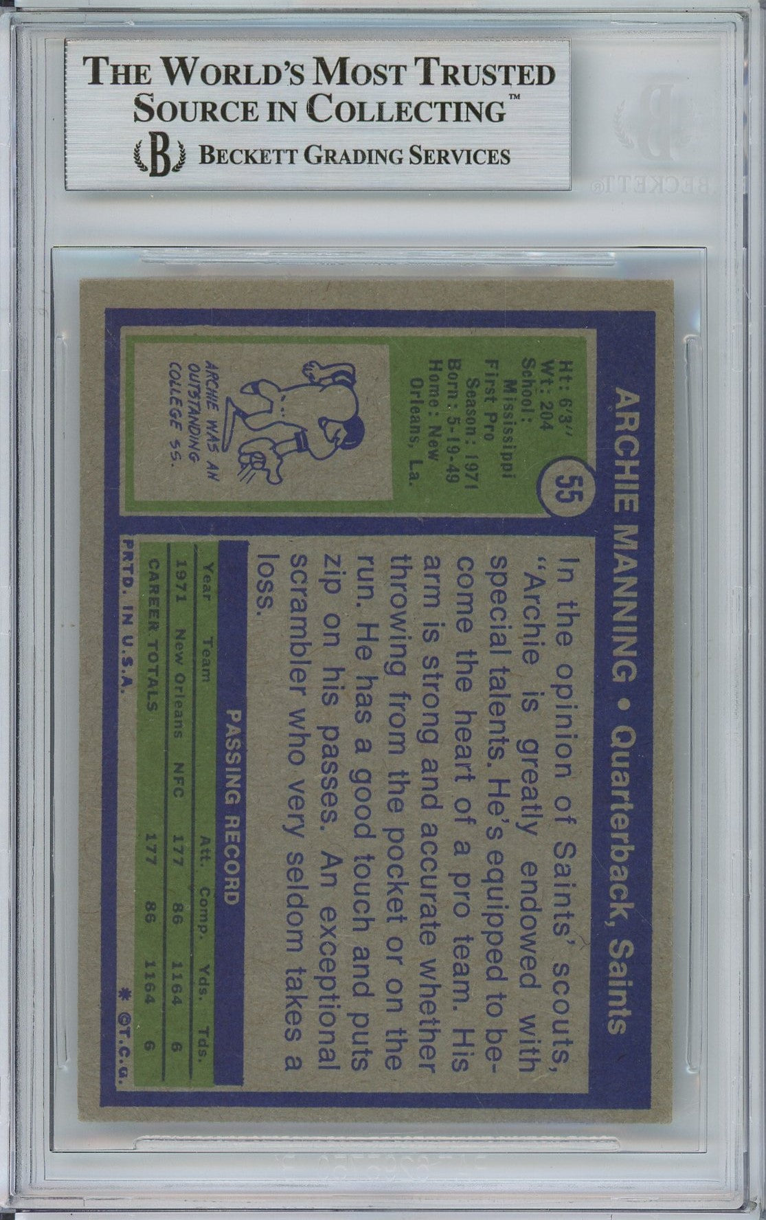 1972 TOPPS ARCHIE MANNING ROOKIE RC #55 BAS AUTO (7883)