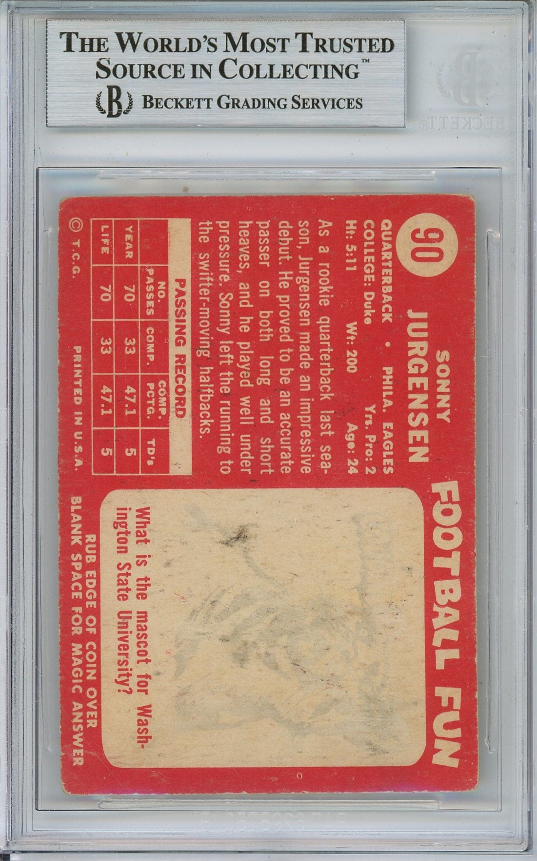 1958 TOPPS SONNY JURGENSEN ROOKIE RC #90 BAS AUTO (7870)
