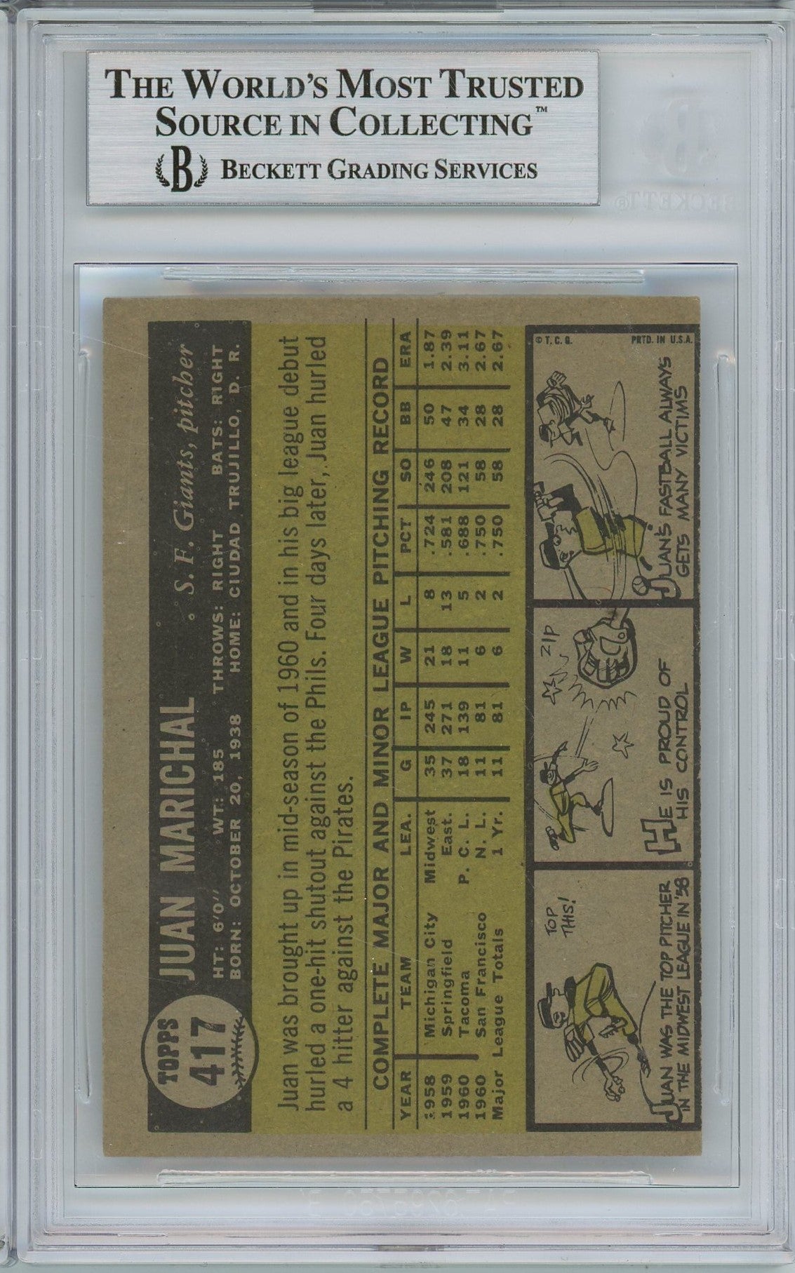 1961 TOPPS JUAN MARICHAL ROOKIE RC #417 BAS AUTO (7900)