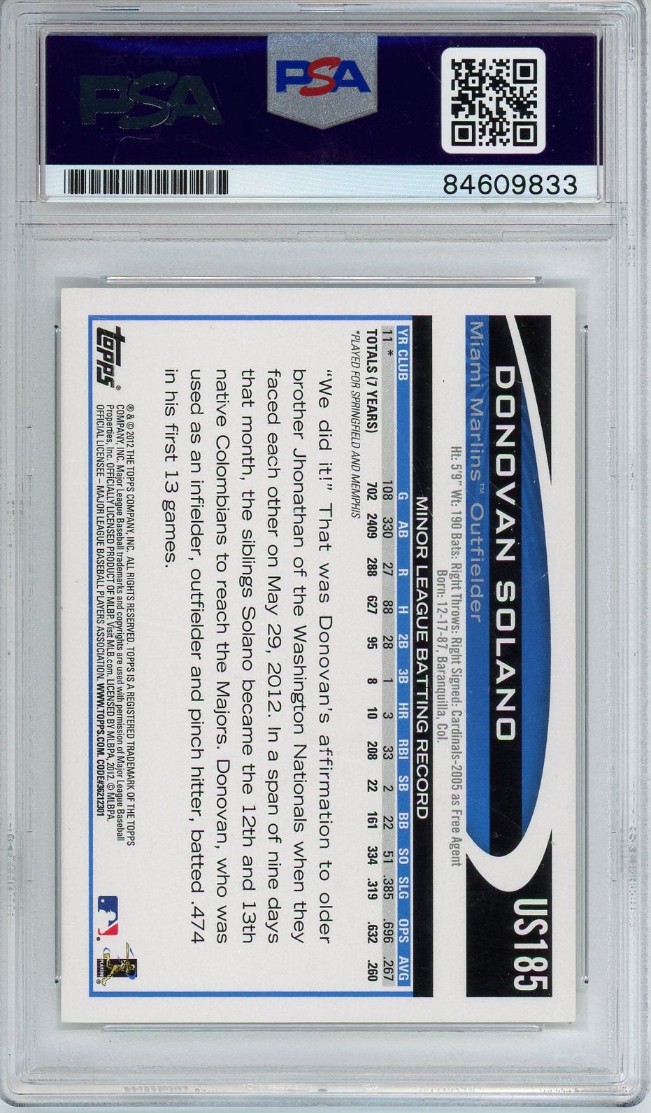 2012 TOPPS UPDATE DONOVAN SOLANO AUTO CARD PSA DNA