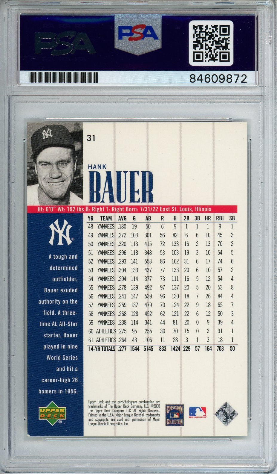 2000 UPPER DECK YANKEES LEGENDS HANK BAUER AUTO CARD PSA DNA