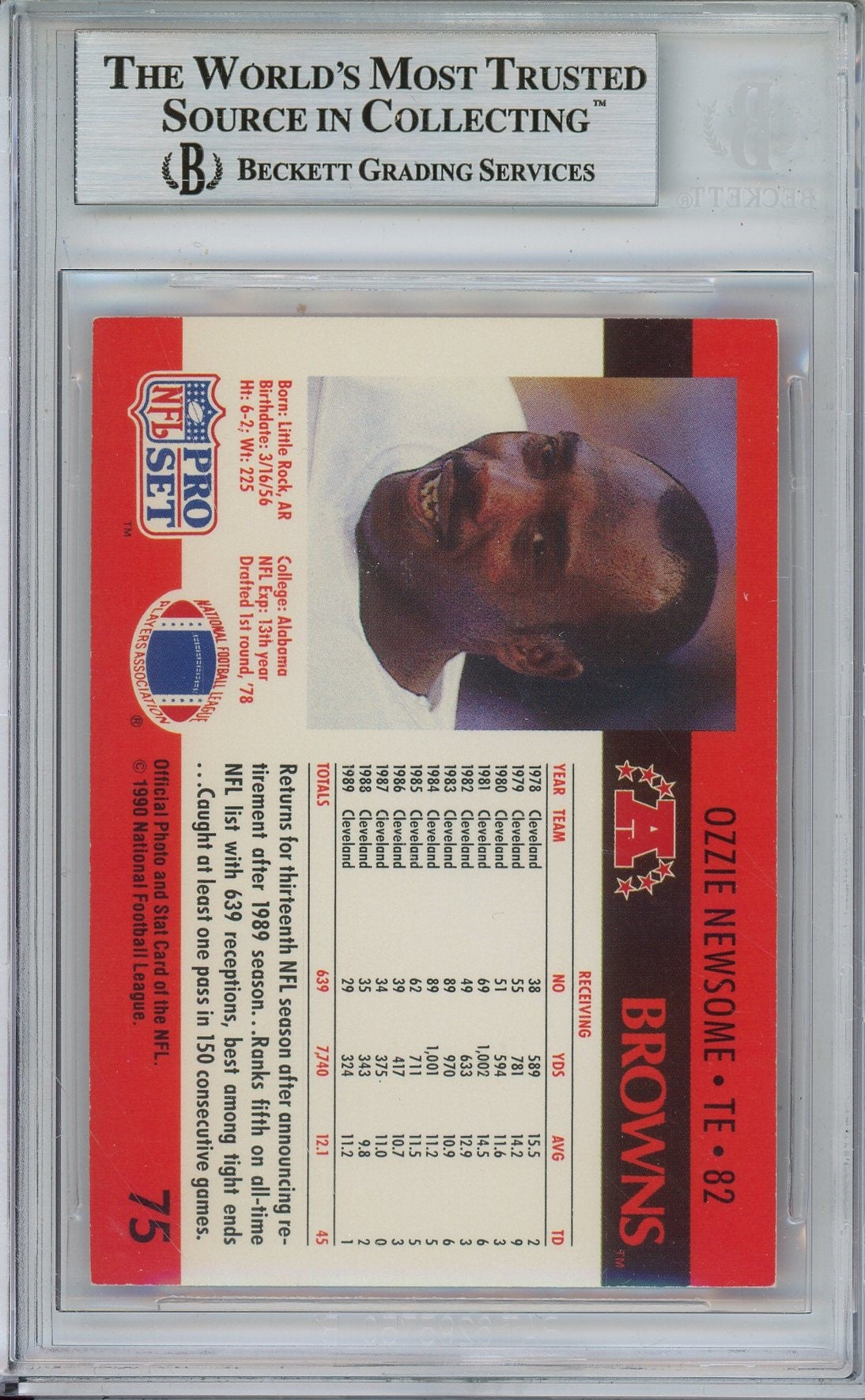 1990 FACT PRO SET OZZIE NEWSOME #75 "HOF" INSCRIPTION BAS AUTO