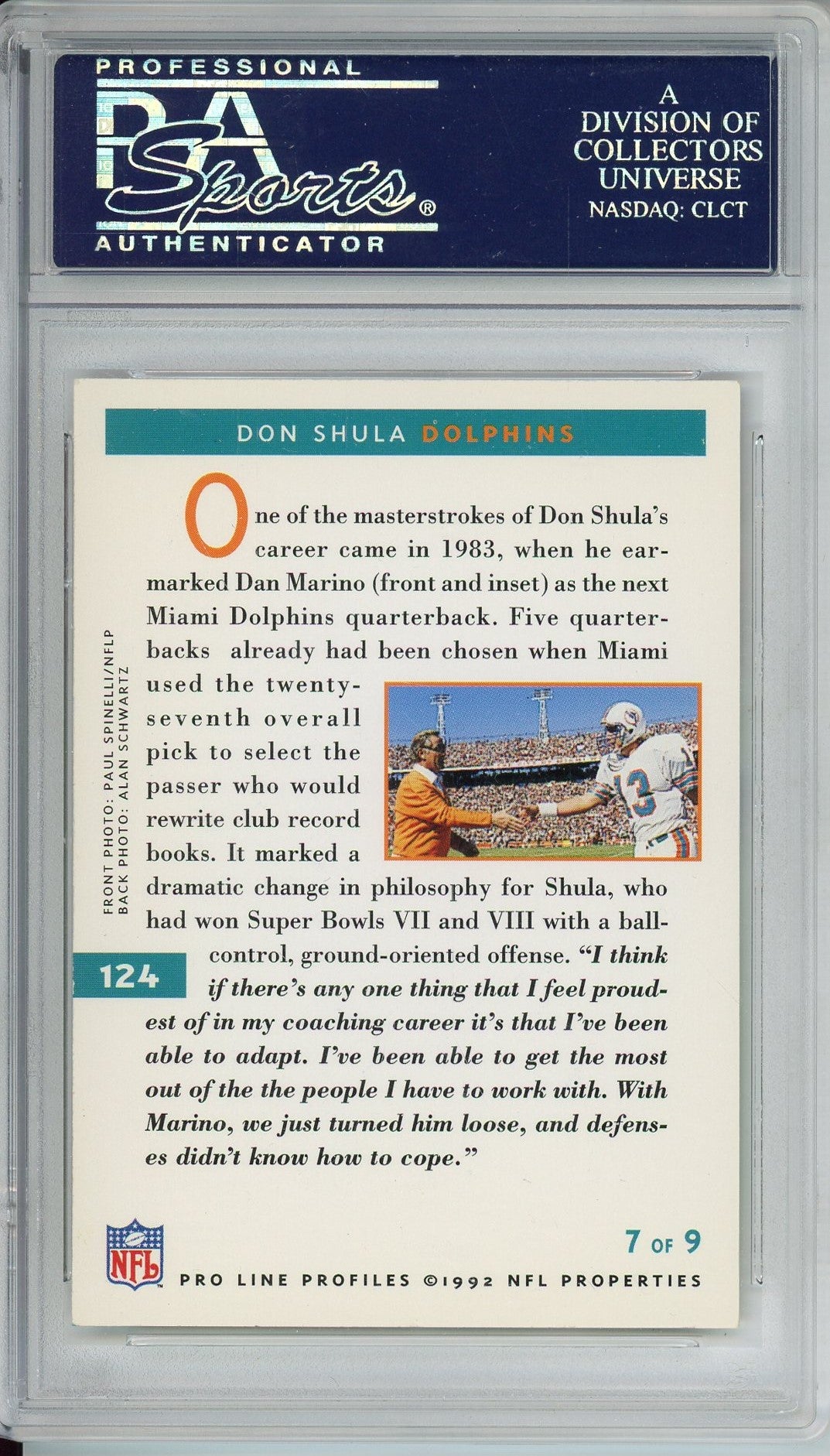 1992 PRO LINE PROFILES DAN MARINO/DON SHULA #124 PSA/DNA DUAL AUTO (8224)