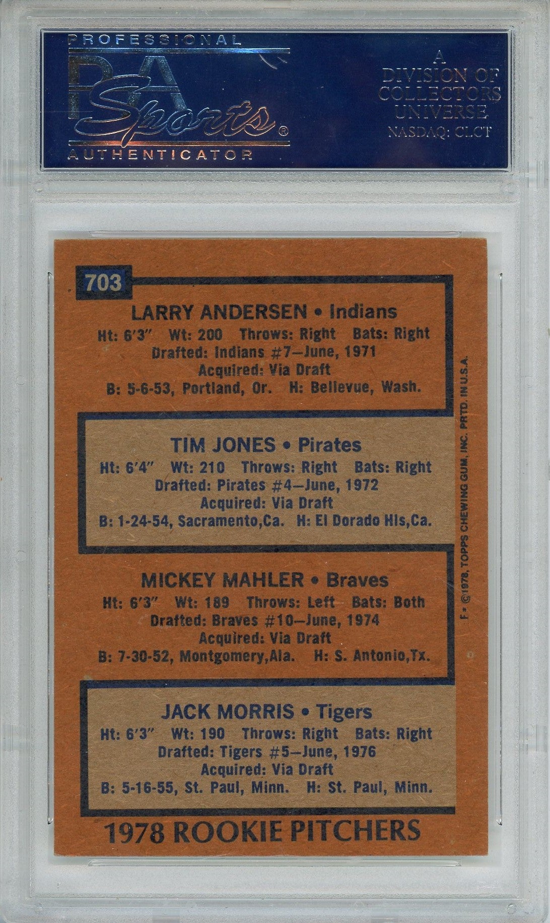 1978 TOPPS JACK MORRIS #703 "78' ROOKIE PITCHERS" PSA/DNA AUTO