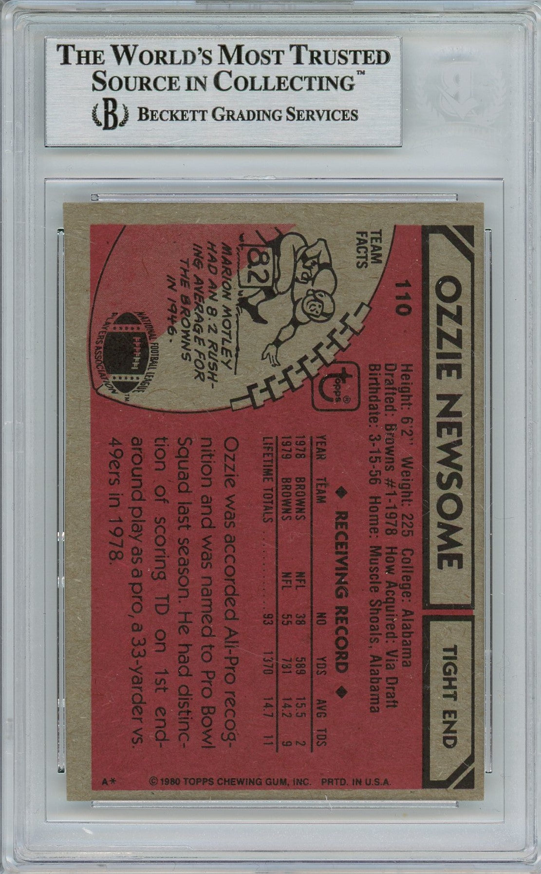 1980 TOPPS OZZIE NEWSOME "AFC ALL-PRO" BAS AUTO (1110)