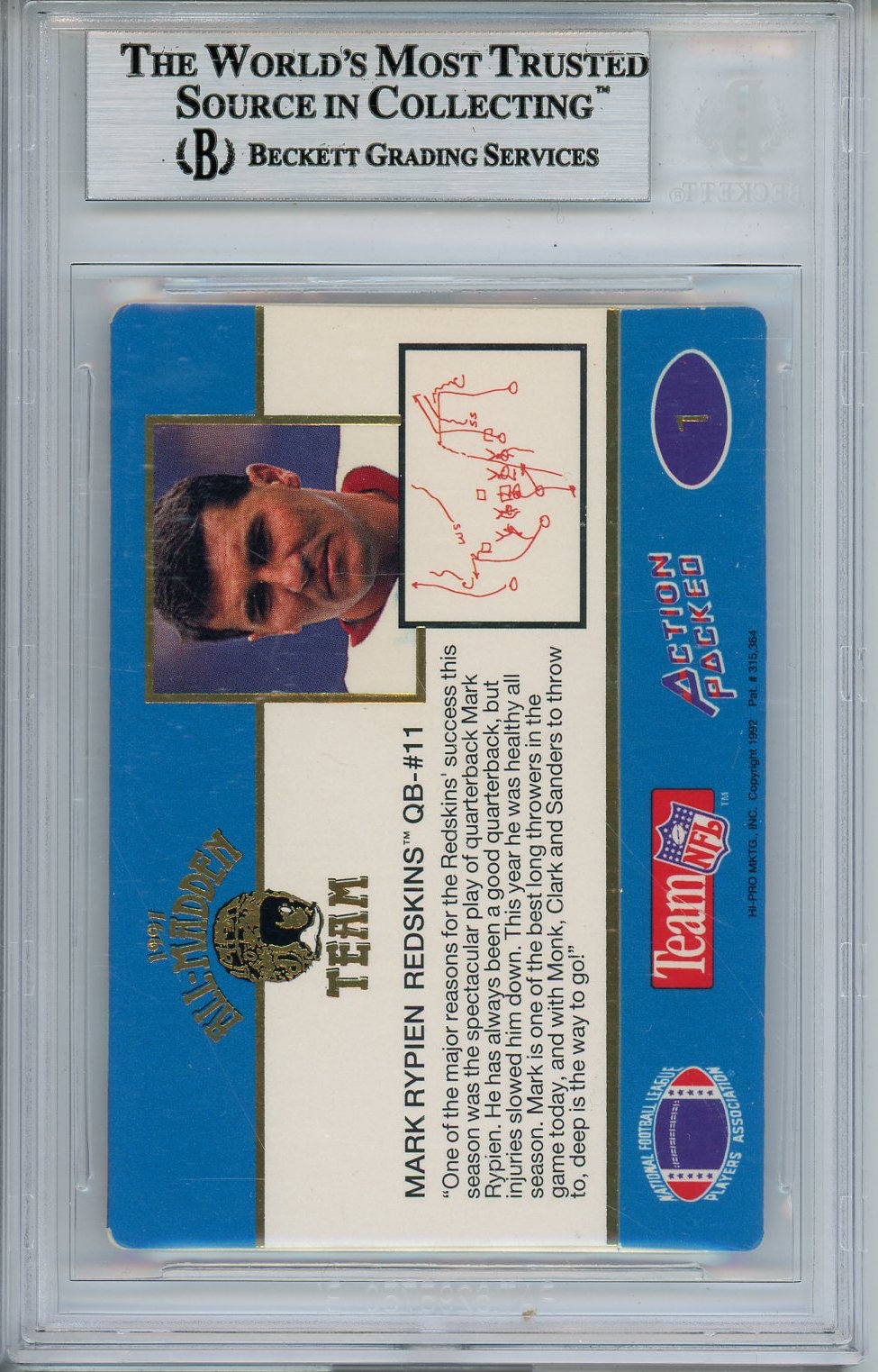 1991 ACTION PACKED ALL MADDEN MARK RYPIEN CARD BAS BECKETT AUTO