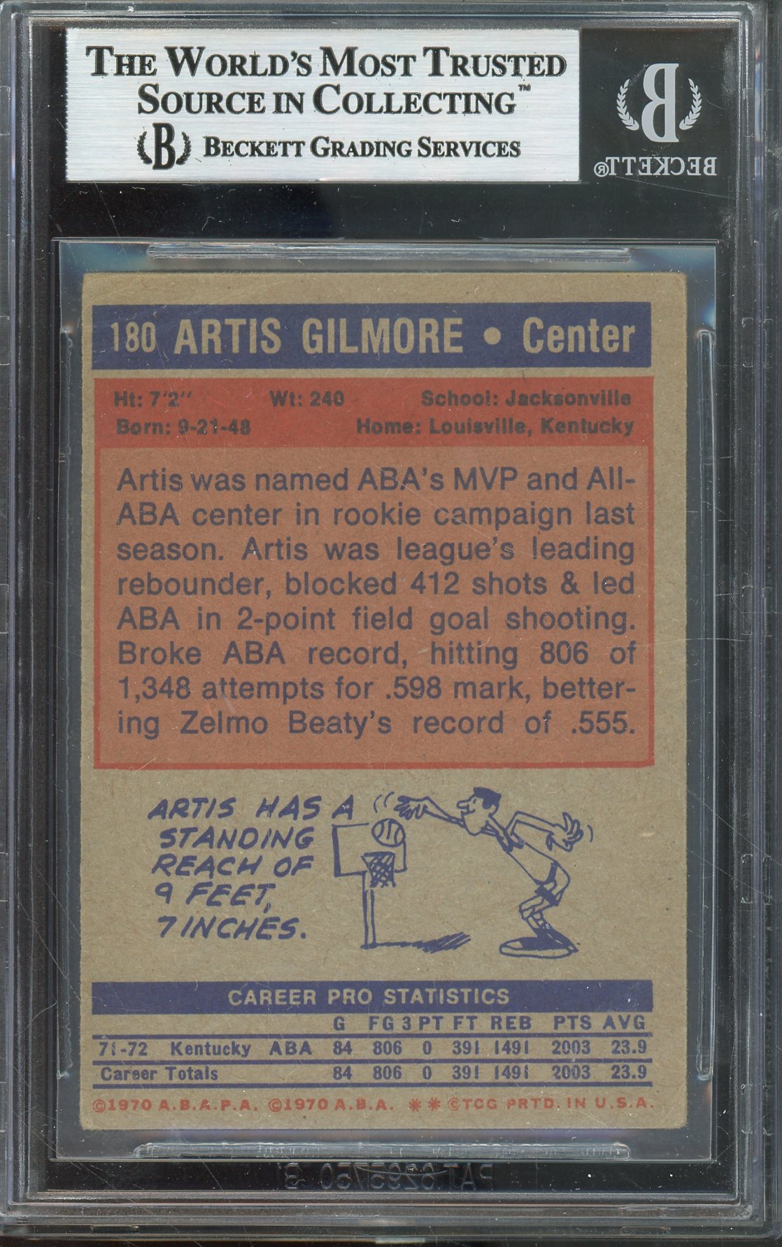 1972-73 TOPPS ARTIS GILMORE #180ROOKIE CARD HALL OF FAME AUTOGRAPH WITH ROY/HOF/MVP INCRIPTIONS BGS AUTHENTIC