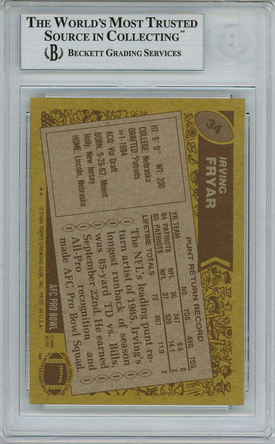 1986 TOPPS IRVING FRYAR CARD BAS BECKETT AUTO