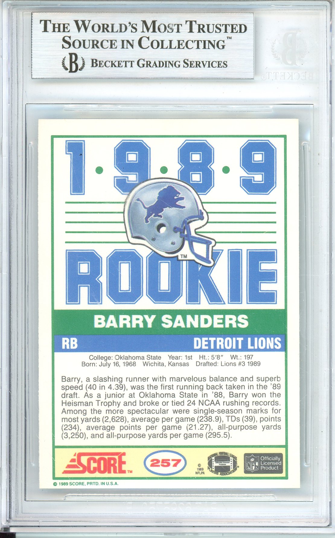 1989 SCORE FOOTBALL BARRY SANDERS #257 ROOKIE CARD LIONS HOF AUTOGRAPH BGS AUTHENTIC