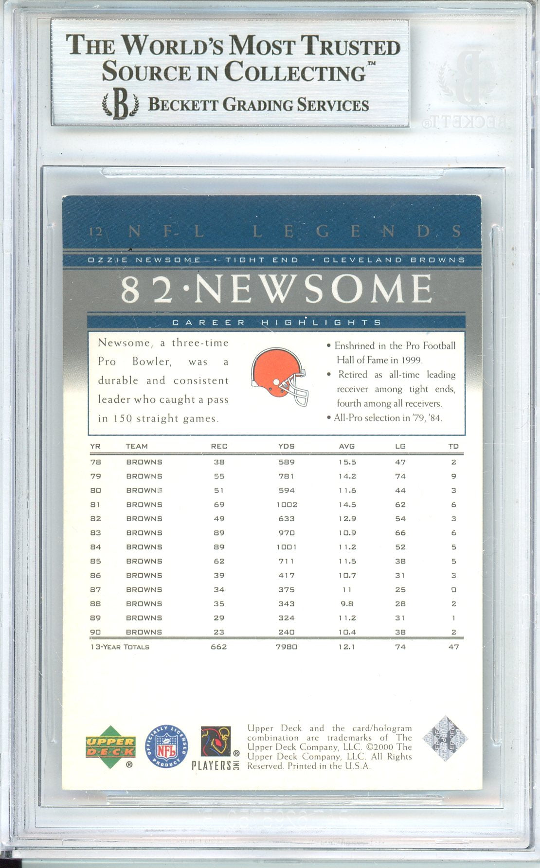 2002 UPPER DECK FOOTBALL LEGENDS OZZIE NEWSOME #12 BROWNS HOF AUTOGRAPH BGS AUTHENTIC