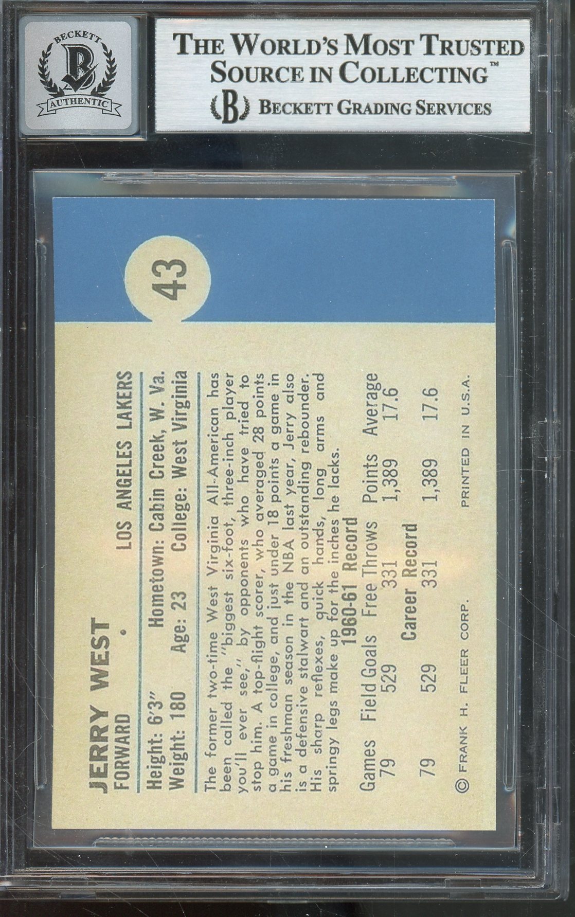1961 FLEER #43 JERRY WEST ROOKIE REPRINT CARD HALL OF FAME LAKERS AUTOGRAPH WITH 'THE LOGO' INSCRIPTION BECKETT 10 AUTO