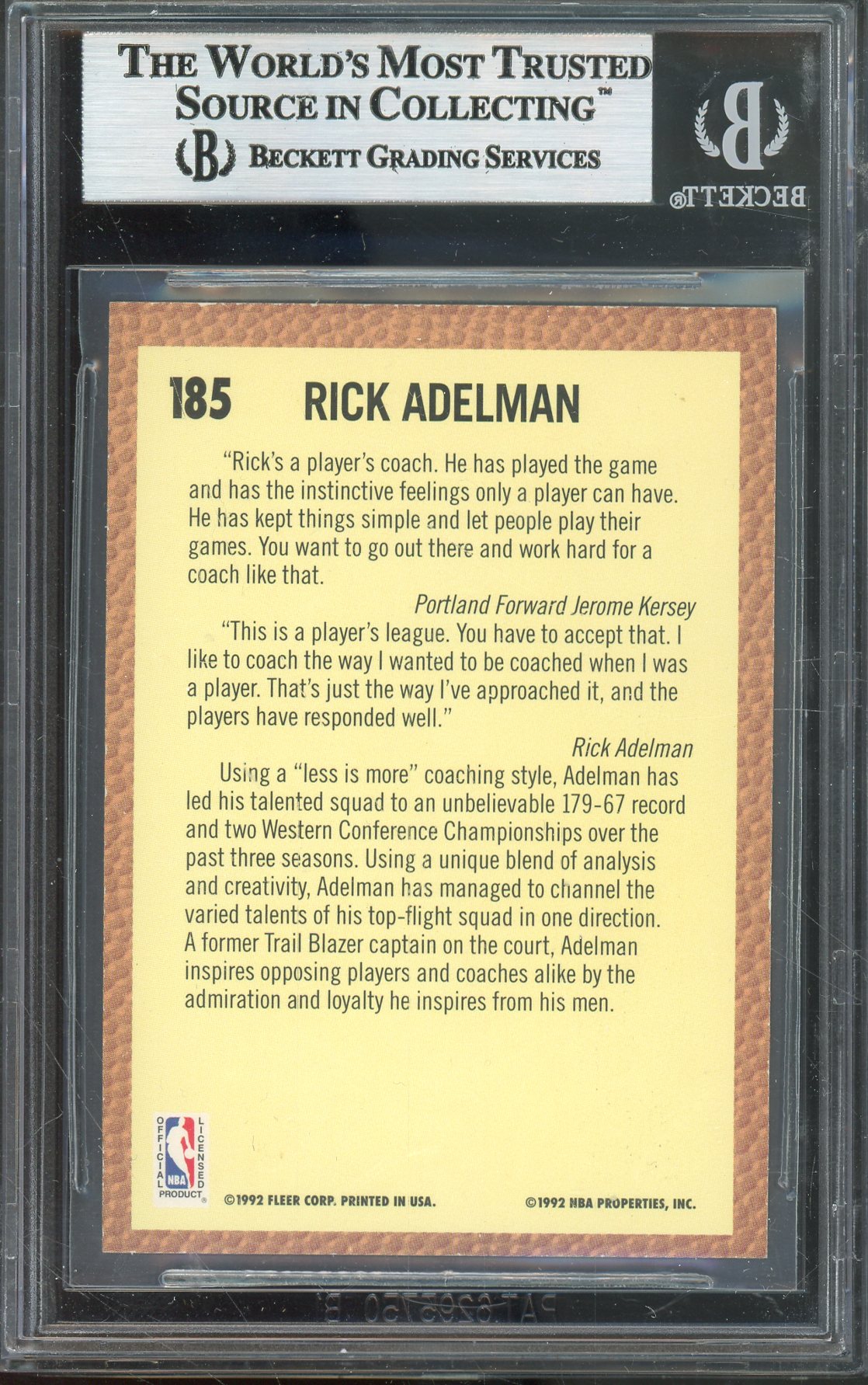 1992-93 FLEER RICK ADELMAN #185 HALL OF FAME AUTOGRAPH BGS AUTHENTIC BLAZERS