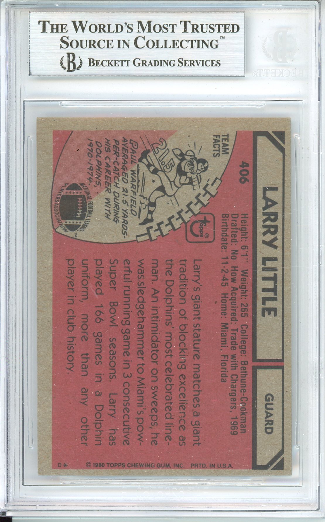 1980 TOPPS FOOTBALL LARRY LITTLE #406 DOLPHINS HOF AUTOGRAPH BGS AUTHENTIC