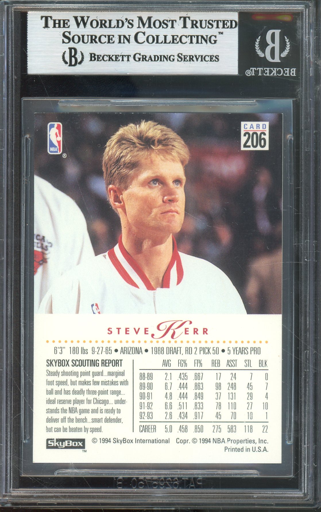 1993-94 SKYBOX PREMIUM STEVE KERR #206 BULLS AUTOGRAPH BGS AUTHENTIC