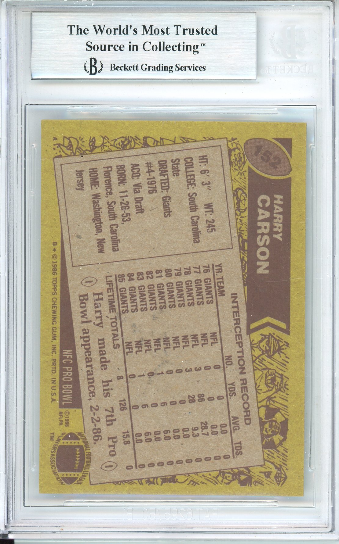 1986 TOPPS FOOTBALL HARRY CARSON #152 GIANTS HOF AUTOGRAPH BGS AUTHENTIC (BLACK INK)