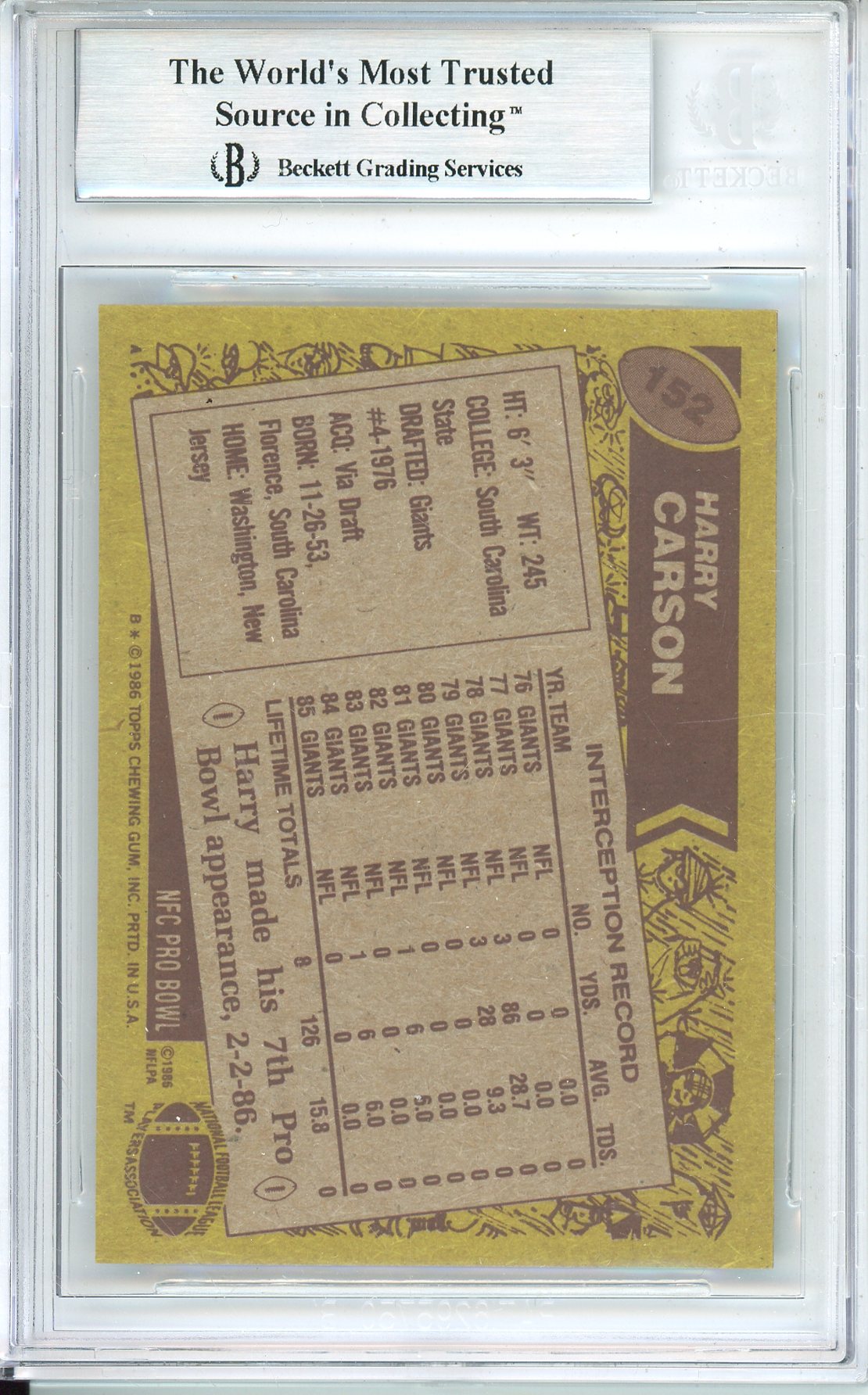 1986 TOPPS FOOTBALL HARRY CARSON #152 GIANTS HOF AUTOGRAPH BGS AUTHENTIC