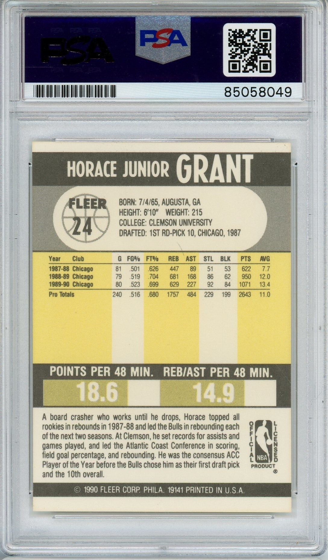 1990 FLEER HORACE GRANT AUTO CARD PSA DNA (8049)