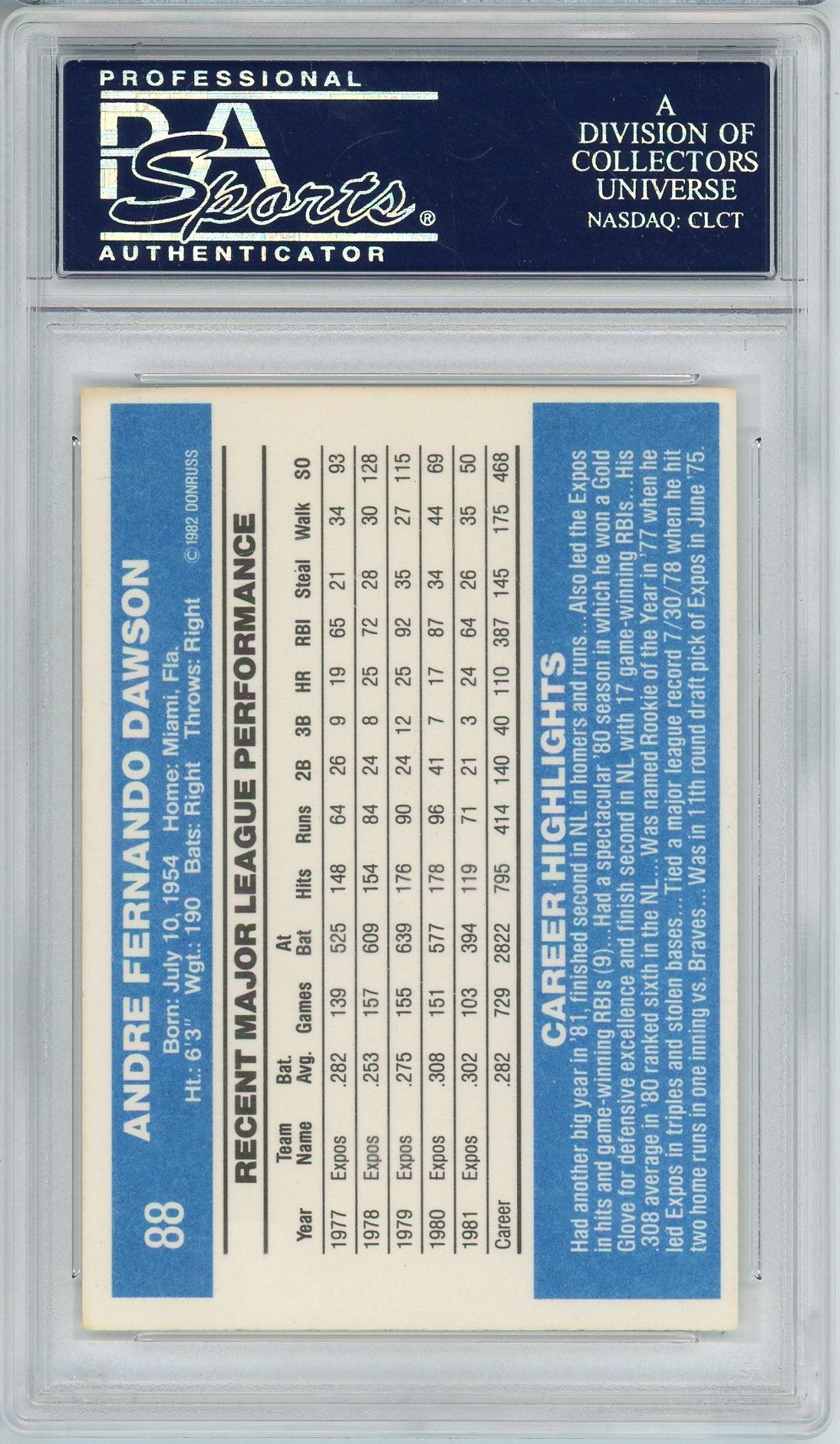 1982 DONRUSS ANDRE DAWSON AUTO CARD PSA DNA (4163)