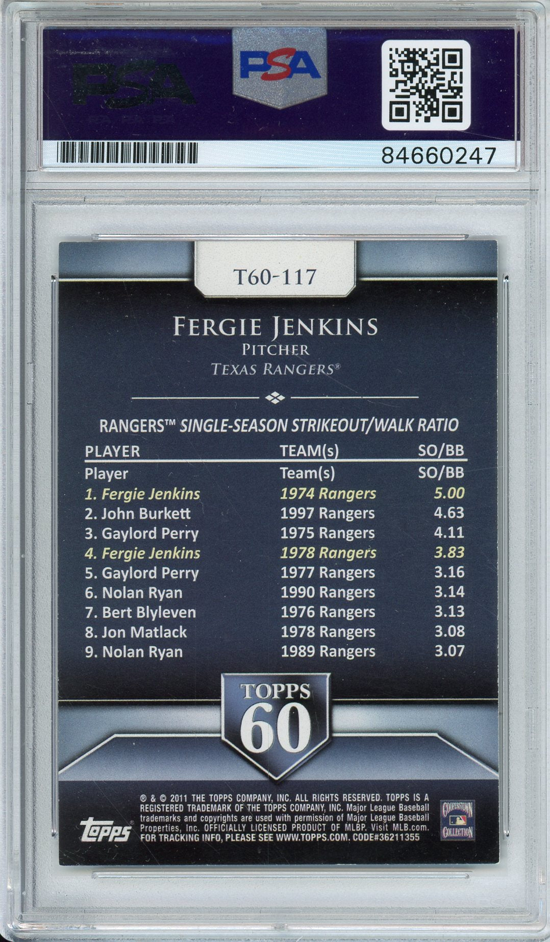 2011 TOPPS 60 FERGIE JENKINS T60-117 HOF AUTO PSA/DNA AUTHENTIC AUTO