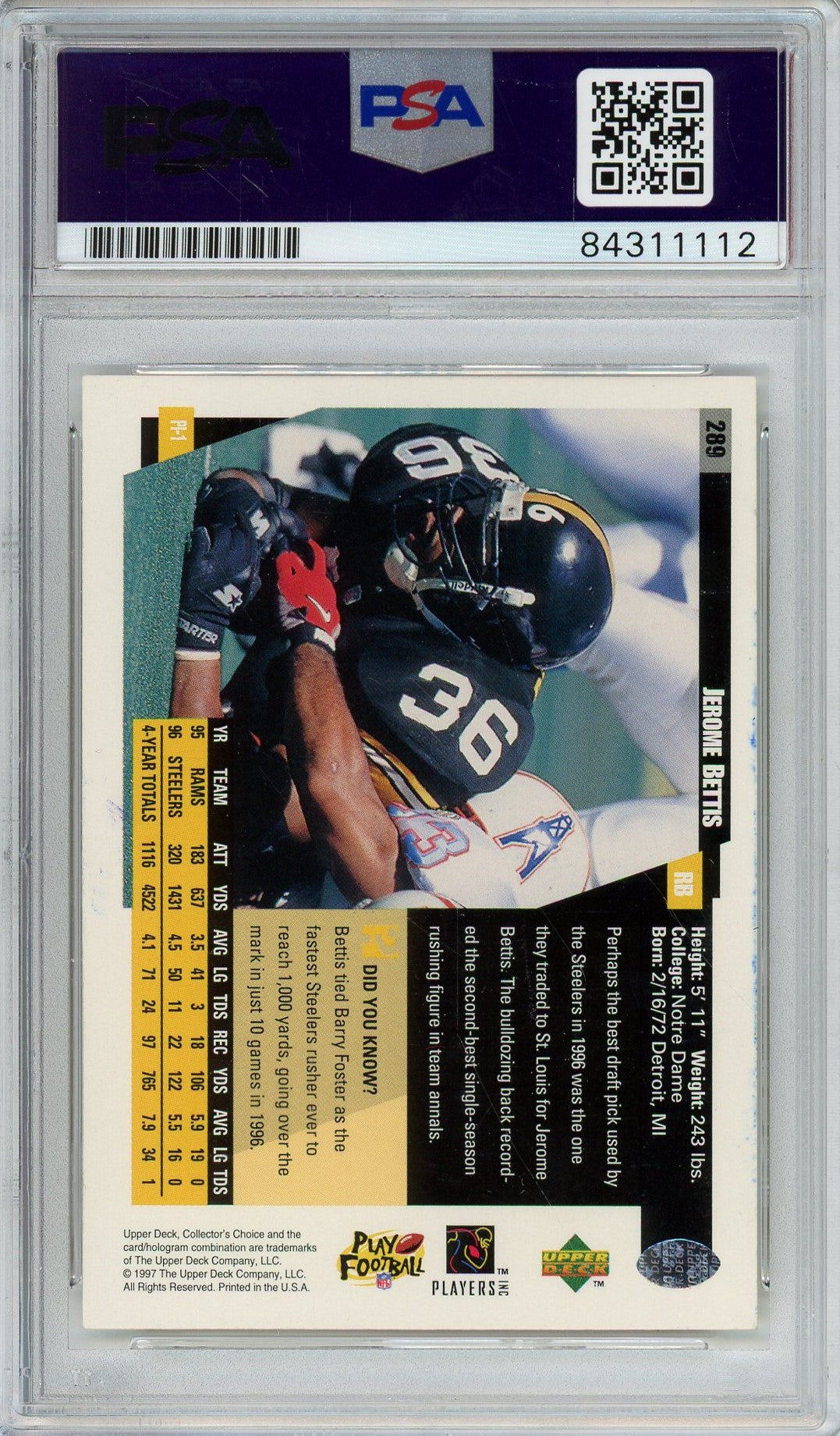 1997 UD COLLECTOR'S CHOICE JEROME BETTIS AUTO CARD PSA DNA