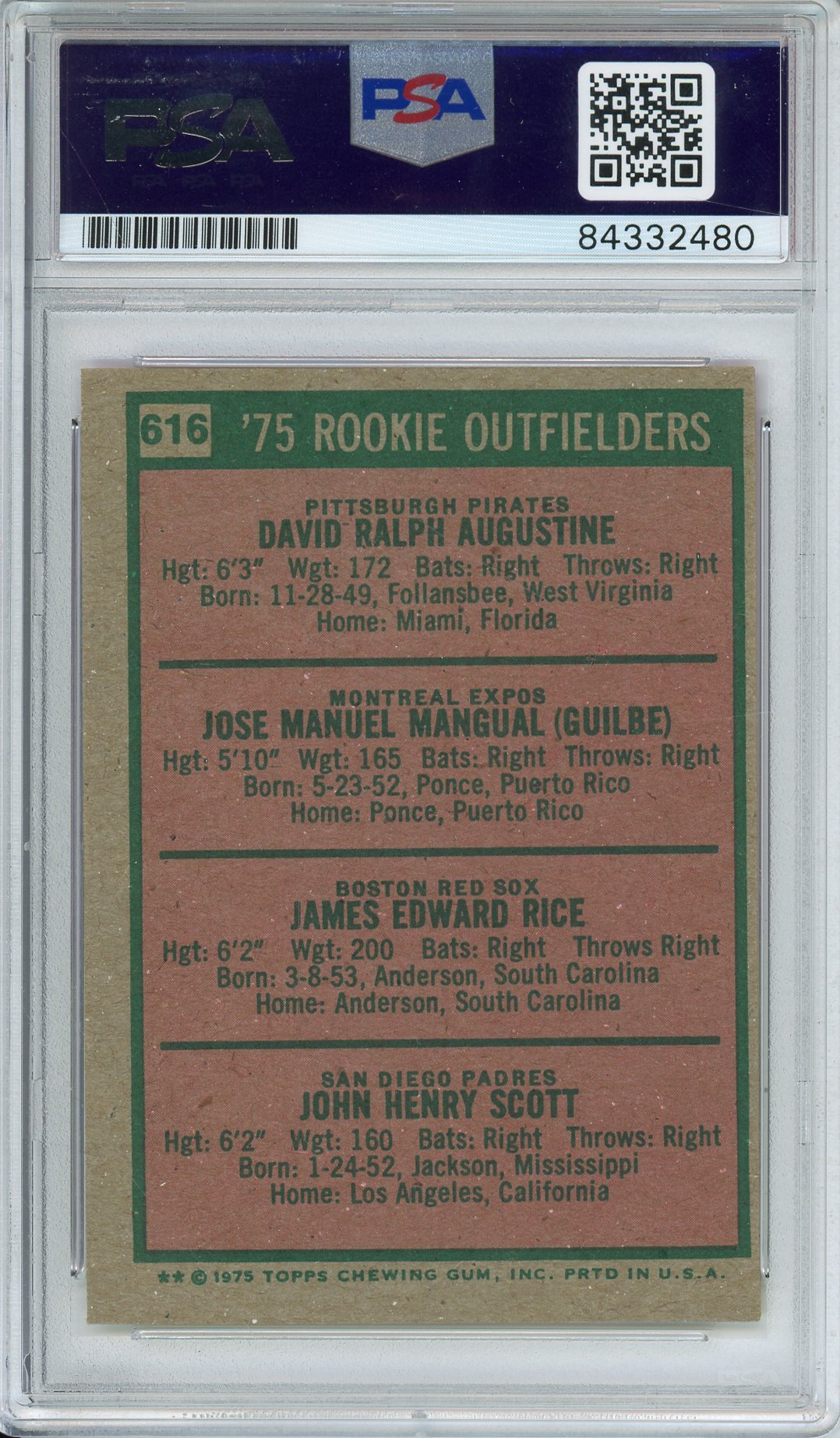 1975 TOPPS BASEBALL JIM RICE #616 HOF AUTO PSA/DNA AUTHENTIC AUTO