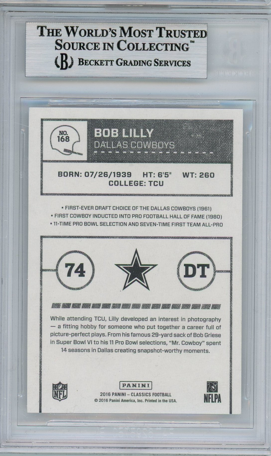 2016 PANINI CLASSICS BOB LILLY AUTO CARD WITH HOF 80 INSCRIPTION BAS (2670)