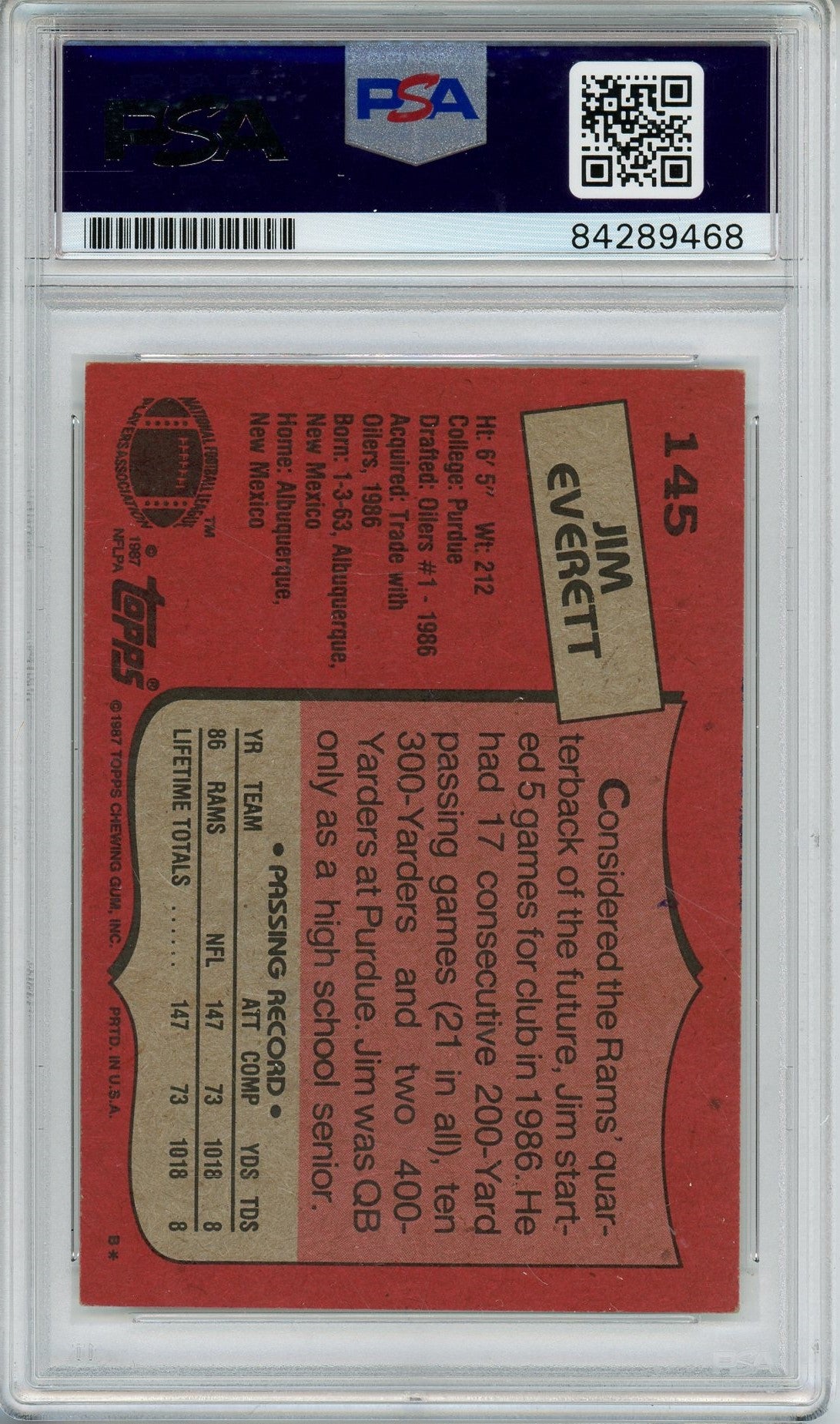 1987 TOPPS JIM EVERETT RC ROOKIE CARD PSA DNA AUTO (9468)