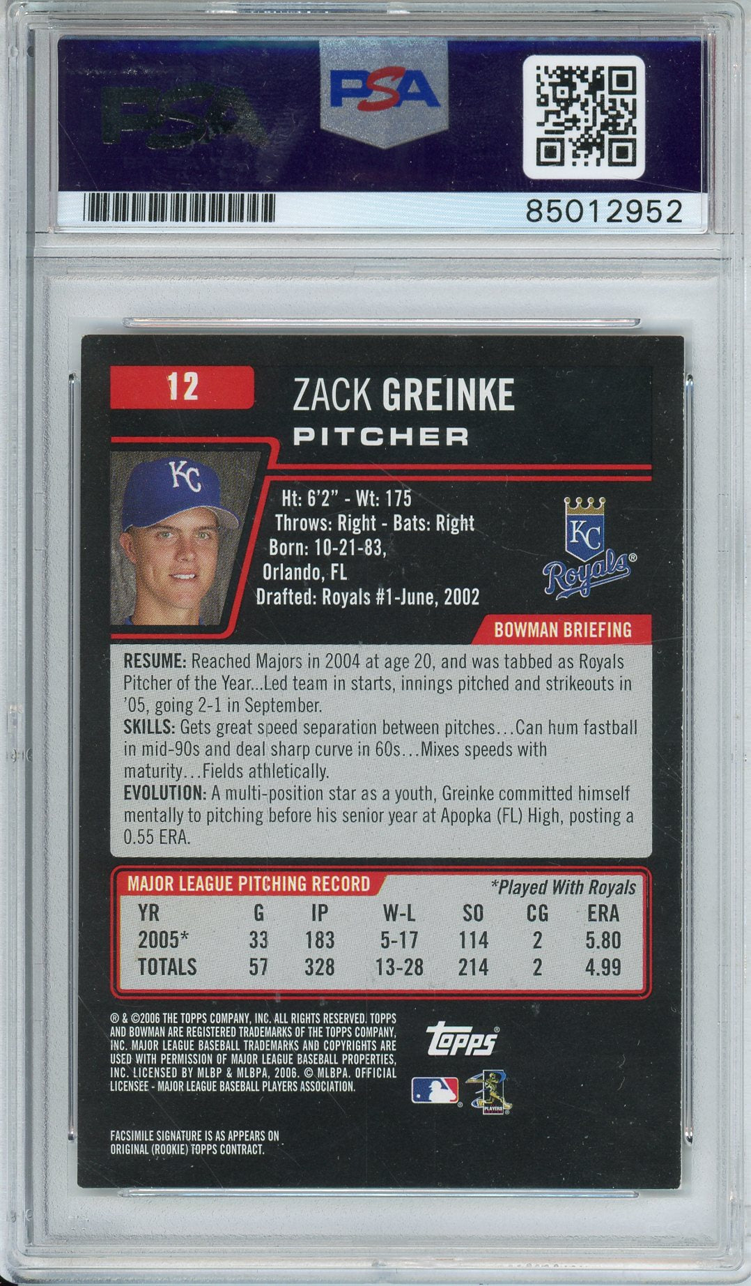 2006 TOPPS BOWMAN ZACK GREINKE 6X ALL STAR 6X GOLD GLOVE ROYALS AUTOGRAPH PSA/DNA