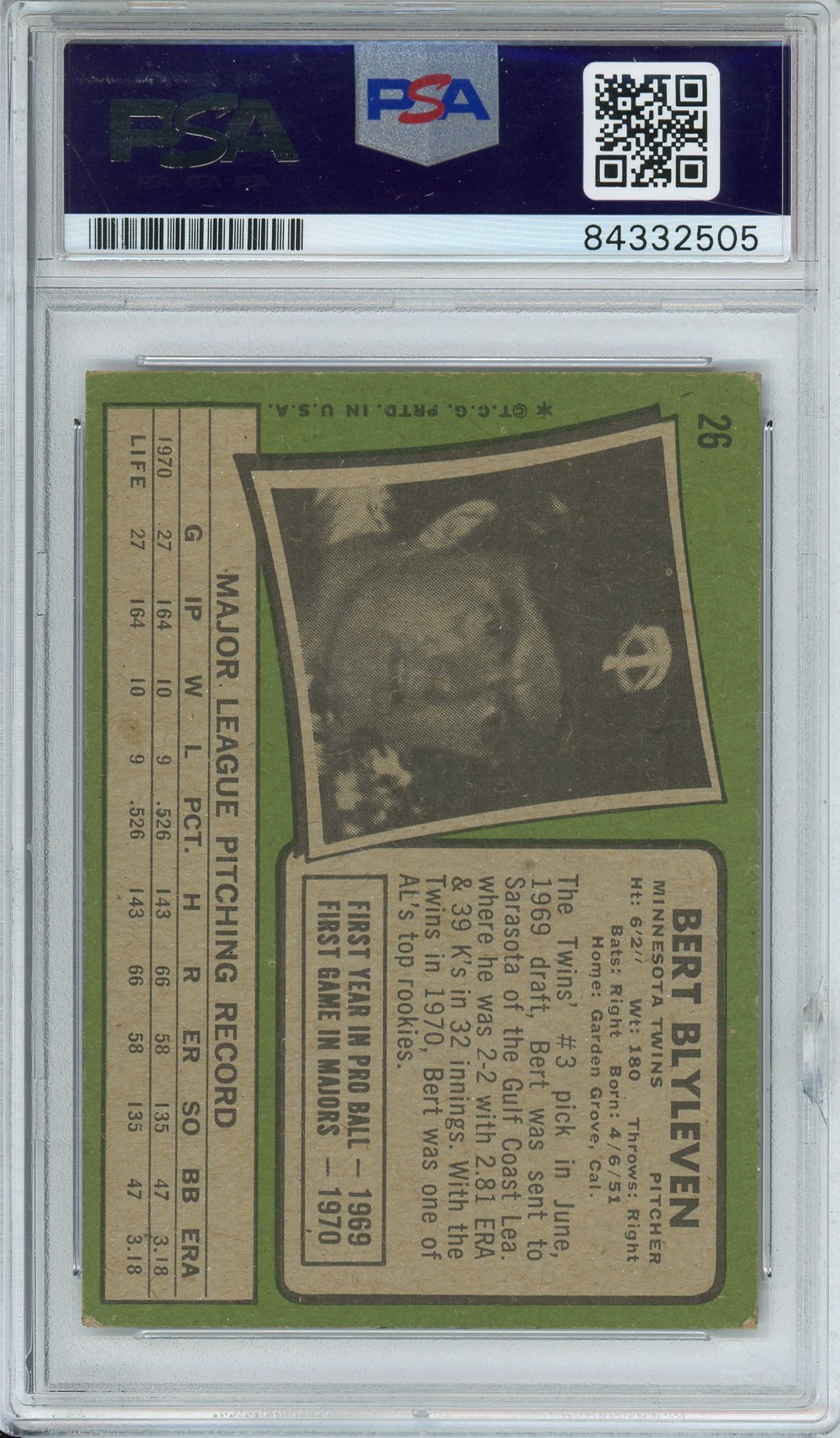 1971 TOPPS BERT BLYLEVEN 2X WORLD SERIES CHAMP 2X ALL STAR TWINS AUTOGRAPH PSA/DNA