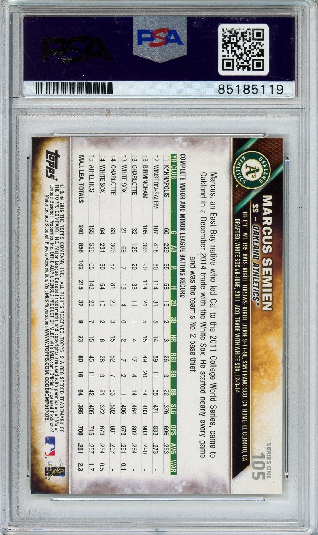 2016 TOPPS SERIES 1 MARCUS SEMIEN AUTO CARD PSA DNA (5119)